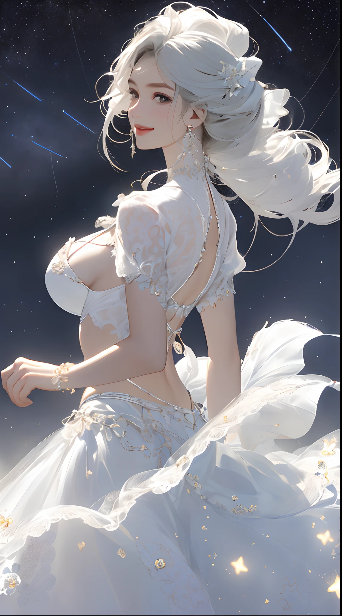 ((top-quality,photorealestic,Realistic 8K, tmasterpiece: 1.3)), Telescopic shot: 1.4,Delicate, (( perfect bodies)),((Bigchest)),((The background is under the stars)),White swim skirt: 1.1, Highly Detailed Face and Skin Textur,, Whitens the skin, ((cabelos preto e longos:1:1)), Smile back,