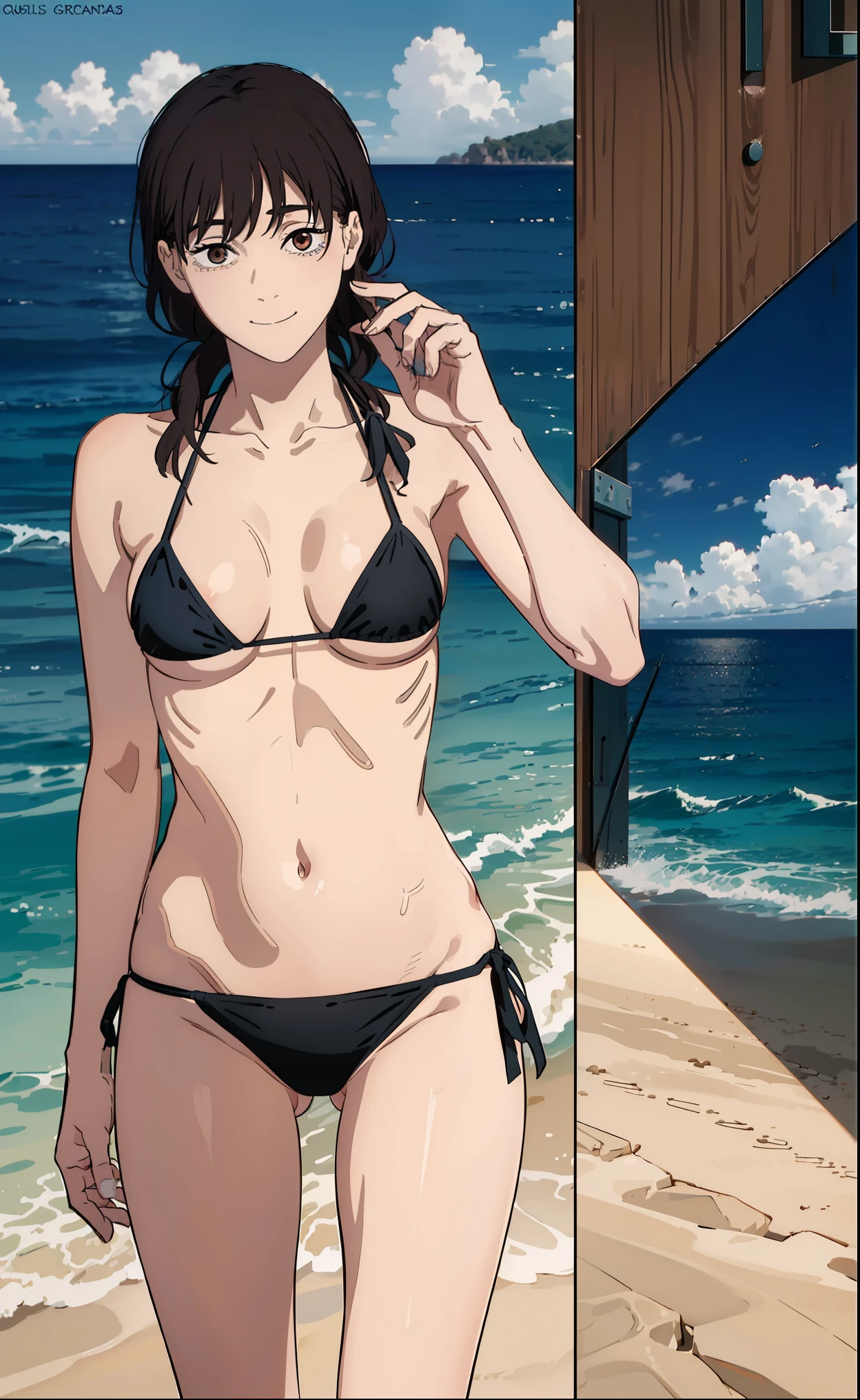 1girl,((sexi bikini,micro bikini)), cuerpo completo, flaco, en la playa, ((Portada de la revista)), small boobs, Kobeni, vello pubic,muslos gruesos,caderas anchas,Obra maestra, La mejor calidad,((sentada de piernas abiertas en la arena)),pelota de playa,brown eyes,Shy look, leve sonrisa, coy smile ,((Mirando al espectador)),playa europea,arena blanca,(((caderas anchas , muslos gruesos))),gran culo