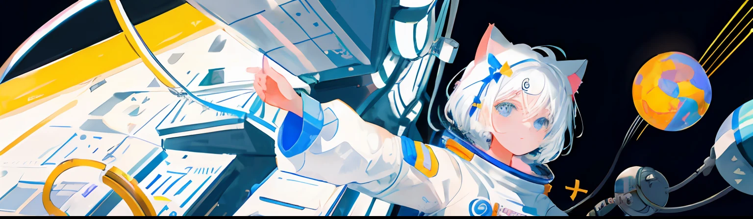 1girll, Solo, cosmic space, Huge planet, earth, kosmos, Astronaut, White hair, , Black eyes, Small bow, Cat ears, electrical wires, conduit,