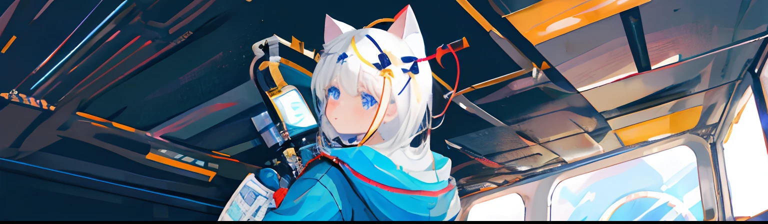 1girll, Solo, cosmic space, Huge planet, earth, kosmos, Astronaut, White hair, , Black eyes, Small bow, Cat ears, electrical wires, conduit,