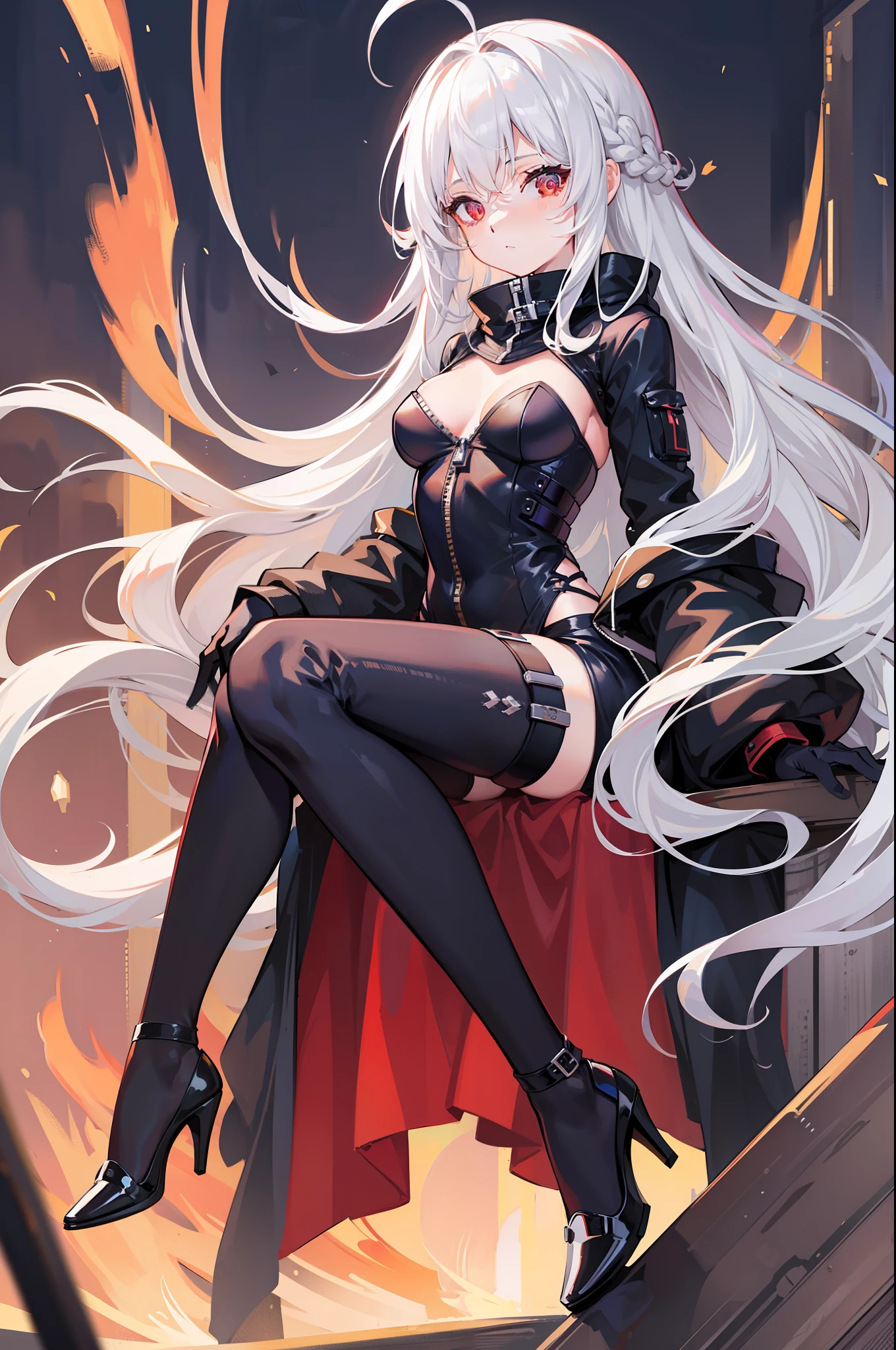 masterpiece,(bestquality),highlydetailed,ultra-detailed,1girl,bodysuit,highlydetailedhigh heels,(bestquality)looking at viewer,shoes,long hair,(ultra-detailed) solo,zipperbishoujo,stare,red eyes,beautiful detailed eyes,long hair,white hair,silver_hair,Wing-like bangs,Dull hair,ahoge,Hair rings,braid,cold