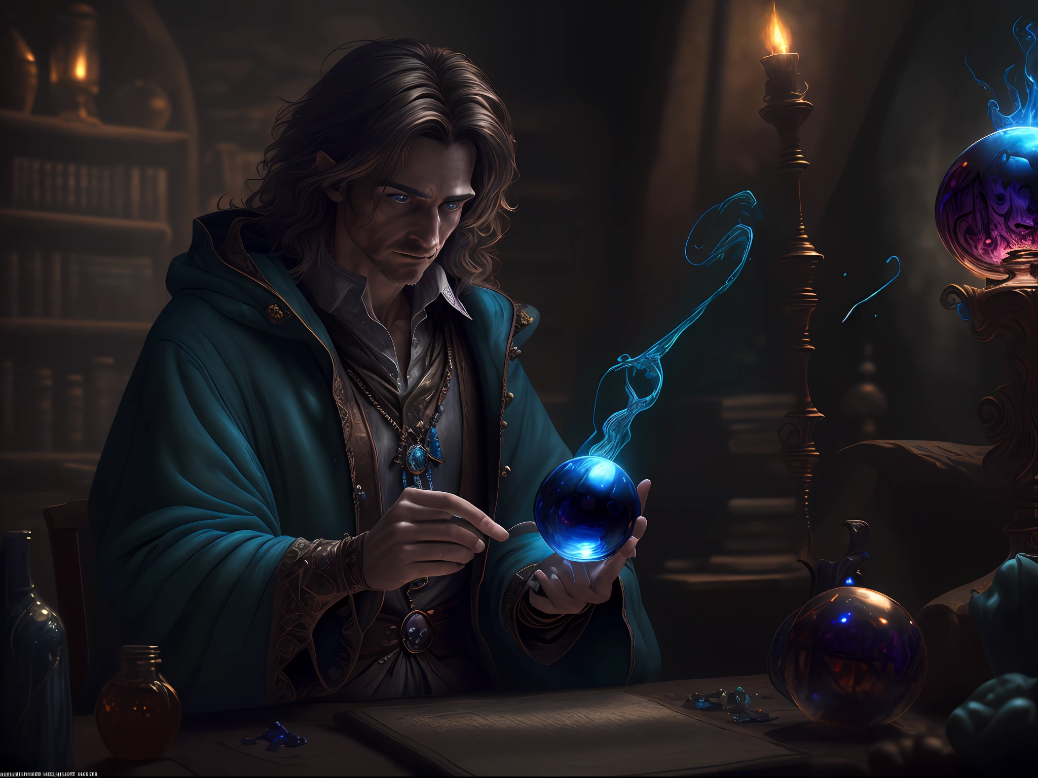 high details, best quality, 8k, [ultra detailed], masterpiece, best quality, (extremely detailed), dynamic angle, ultra wide shot, photorealistic, RAW, fantasy art, dnd art, fantasy art, realistic art, a wide angle view wallpaper of a wizard (intense details, Masterpiece, best quality: 1.5) looking into his crystal ball (intense details, Masterpiece, best quality: 1.5), casting a spell in his magical laboratory, human male wizard, fantasy wizard (intense details, Masterpiece, best quality: 1.5), D&D wizard, young human male (intense details, Masterpiece, best quality: 1.5), [[anatomically correct]], dynamic hair, dynamic eyes, wearing magical robe (intense details, Masterpiece, best quality: 1.5), dynamic colors, ultra detailed face (intense details, Masterpiece, best quality: 1.5), manipulating blue magical energy, in his laboratory (intense details, Masterpiece, best quality: 1.5), many magical tomes, magical library (intense details, Masterpiece, best quality: 1.5),  many magical vials, ultra wide angle from a medium distance,