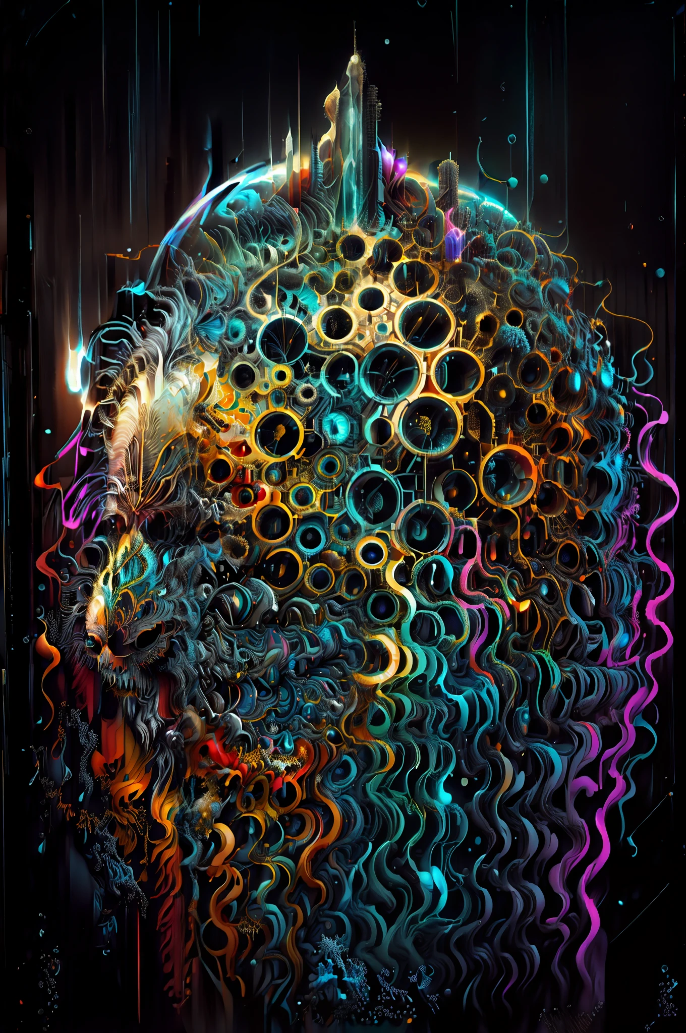 (temperatura absoluta cero grados Kelvin ),Arte de Alberto Severo, salpicaduras y gotas congeladas multicolores, dream, Pintura digital surrealista , brillos tornasolados, efectos 3D, Ultra HD, obra de arte magistral ,cinematic lighting,16k