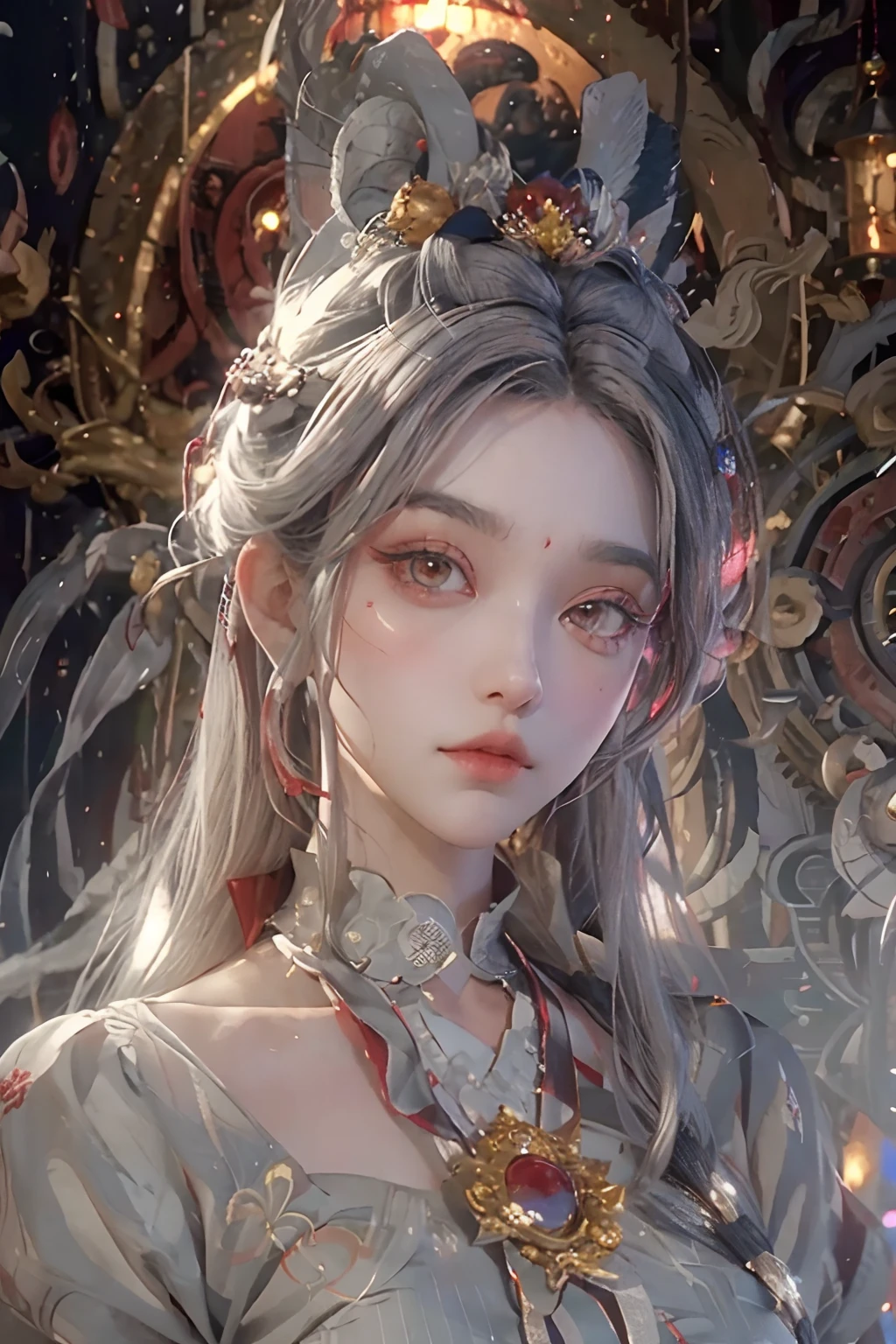((Big eyes, divinity:1.2, Gray hair), Red and white skirt,enchanted)