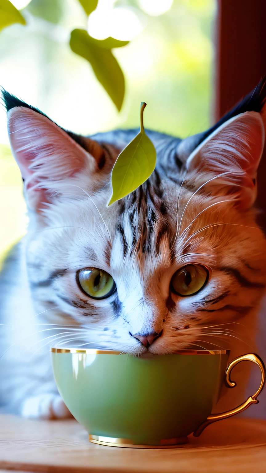 catss, (Himalayan), (small)))), In a teacup, the face, Front paws extended, 8K, profesional photo, delicated, Pubic area is clear, On a table, inside the house, rays of sunshine, light leaks, tmasterpiece, ((prette))), Stylish teacup, (Realistis), plushies, round pupils,There is a green leaf on the head