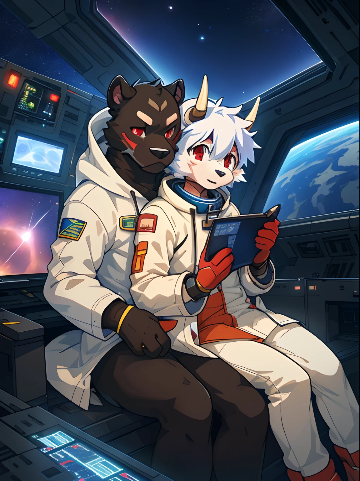 trending on pixiv, (masterpiece), (anime), (male_only) (furry), (couple picture), (2characters: a {black fur panther with red eyes dressed as a cybernetic astronaut}, a {skinny space scientist professor: multi coloured skinny sheep with demon horns and dressed with a white coat and goggles.}), sitting in a spacious spaceship's cockpit, (fixing an emergency error on the motherboard), (panic lights), (small build), (tail), (visible fur paws), (backlit), stars and planets in the background, EasyPositive