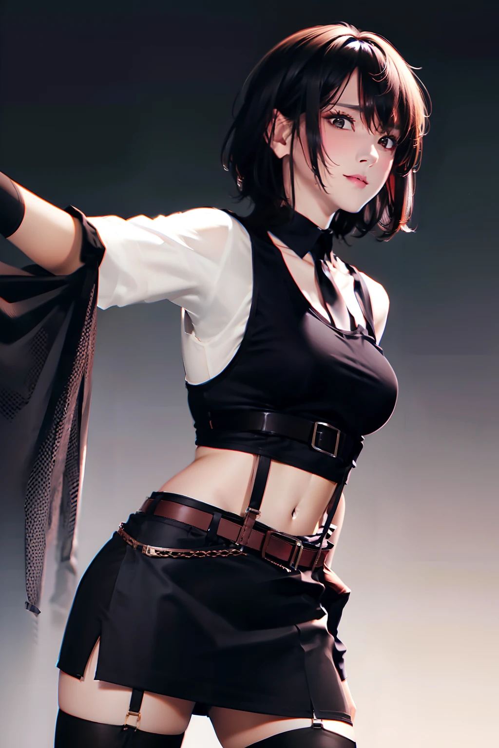 a belt　　　　　suspenders　　Black miniskirt　neck tie　Black tank top　　　　Black stockings　　　　Brown hair　short-hair　Gray eyes　　holster　bobby　Garter belt on the legs 　　Serious face　piece　large full breasts　　Fold your hands behind your back　Stomach