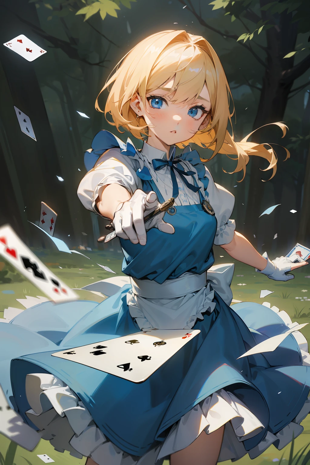 1girl in, （Blue eyes）、radiant eyes、 (Big blue ribbon)、a blond、Blue dress with white apron、white glove、 aiming at viewer、Pocket watch necklace、Dynamic Action Poses for Battle Scenes,​masterpiece, detailed shadow, Detailed light, ighly detailed, top-quality, hard disk, in 8K, hightquality、Clear face、(Fighting stance、)、beautiful digital works of art、((The background is a classic forest and)）、(((Playing cards scattered)))、alice in the wonderland