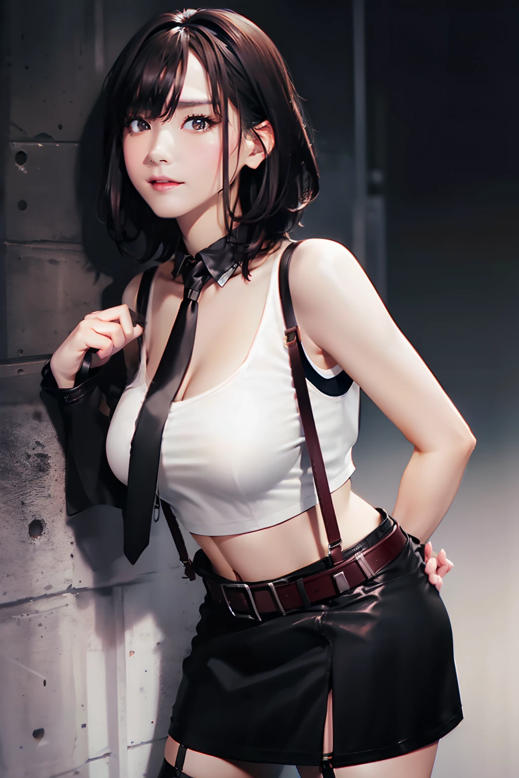 a belt　　　　　suspenders　　Black miniskirt　neck tie　Black tank top　　　　Black stockings　　　　Brown hair　short-hair　Gray eyes　　holster　bobby　Garter belt on the legs 　　Serious face　piece　large full breasts　　Fold your hands behind your back　Stomach