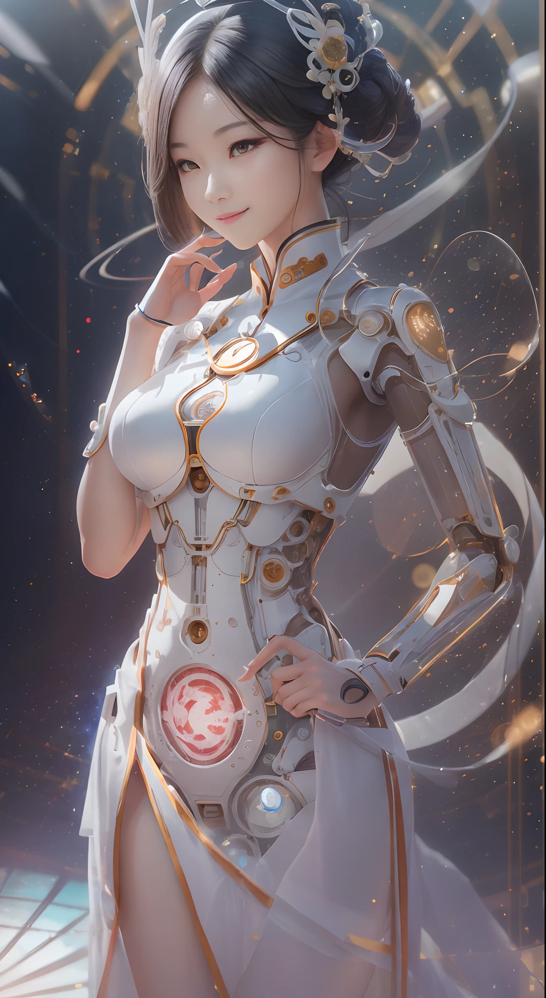 (full-body shot:1.4), Space Art, 1 Cheongsam woman，Standing posture，Transparent robotic arm，Transparent mechanical  eye mask, Slender figure，perfectly proportions，Delicate hair accessories, smile，Transparent mechanical shoes, Oriental elements, (Soft Lighting, Bokeh)，high quality，4K，3D