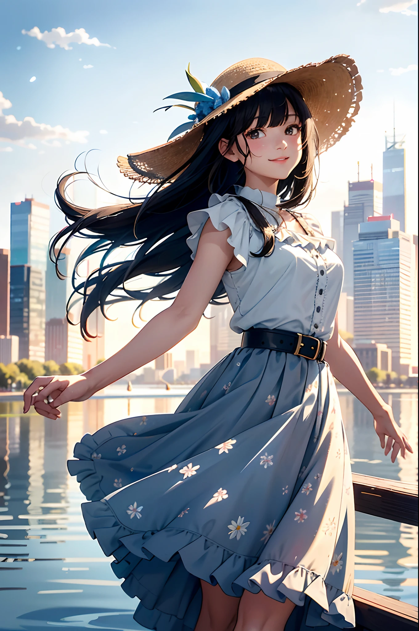 (top-quality、in 8K、32K、masterpiece、nffsw、ighly detailed、Photoreal Stick:1.2)、cowboy shot, (Vibrant city skyline reflected on the tranquil waterfront:1.4)、detailed faces and eyes、Realistic pupils、beautiful shadow、beauitful face、blurry backround、16-year-old beautiful girl、shinny skin, Beautiful black hair、Blunt bangs、 side poneyTail、Brown eyes、summer hat、White blouse with frills、Blue maxi skirt with floral pattern, A smile、Raising arms、Dynamic Pose、a belt、