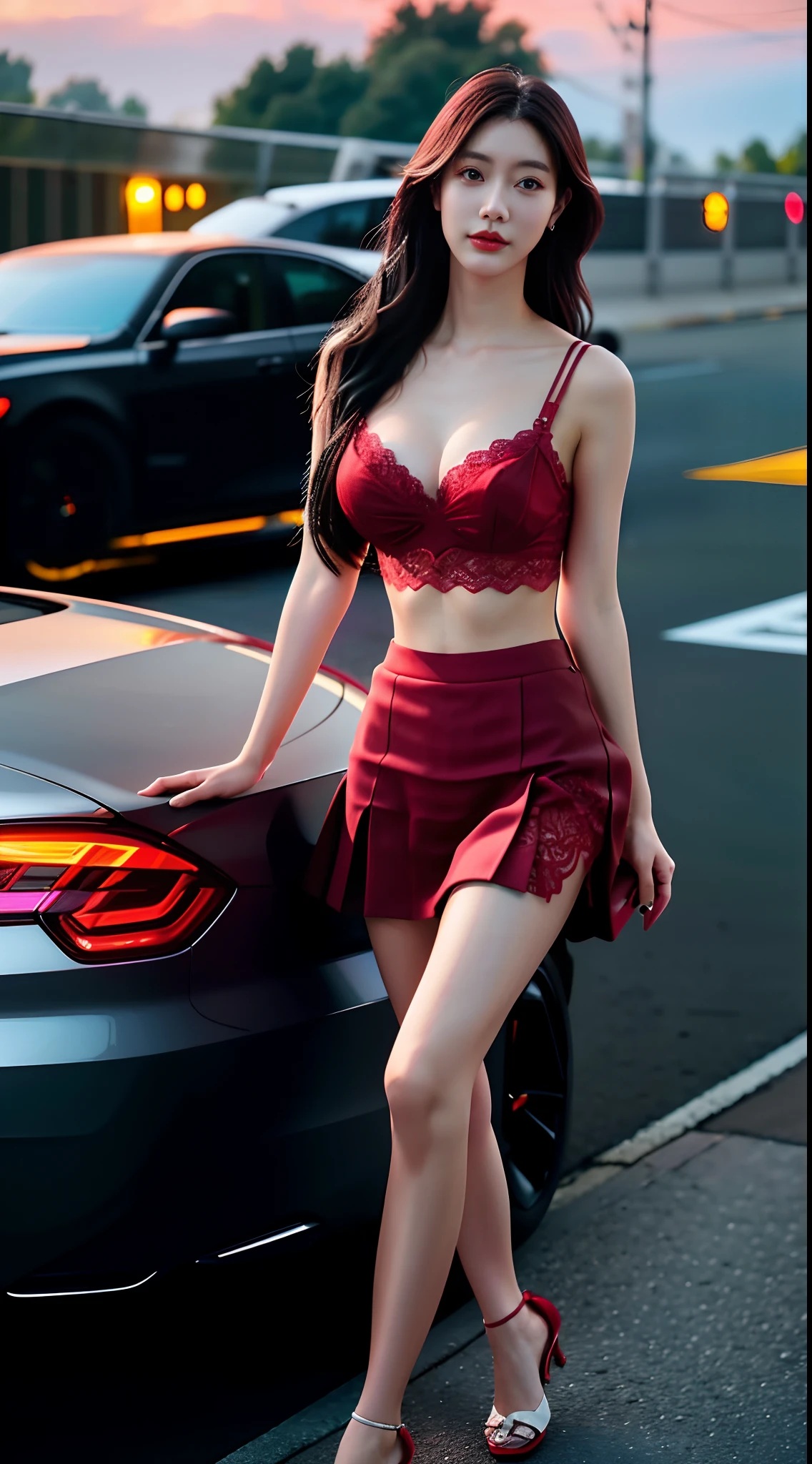 best qualtiy, tmasterpiece, 1girll, beauitful face, (photograph realistic:1.3), edge lit, (highdetailskin:1.2), 8K UHD, digital SLR camera, high high quality, A high resolution, 4k, 8k, bokeh, absurderes, Optimal proportions of four fingers and one thumb, (realisticlying:1.3), Cute 1girl, Wearing a red lace bra, mediuml , short skirt