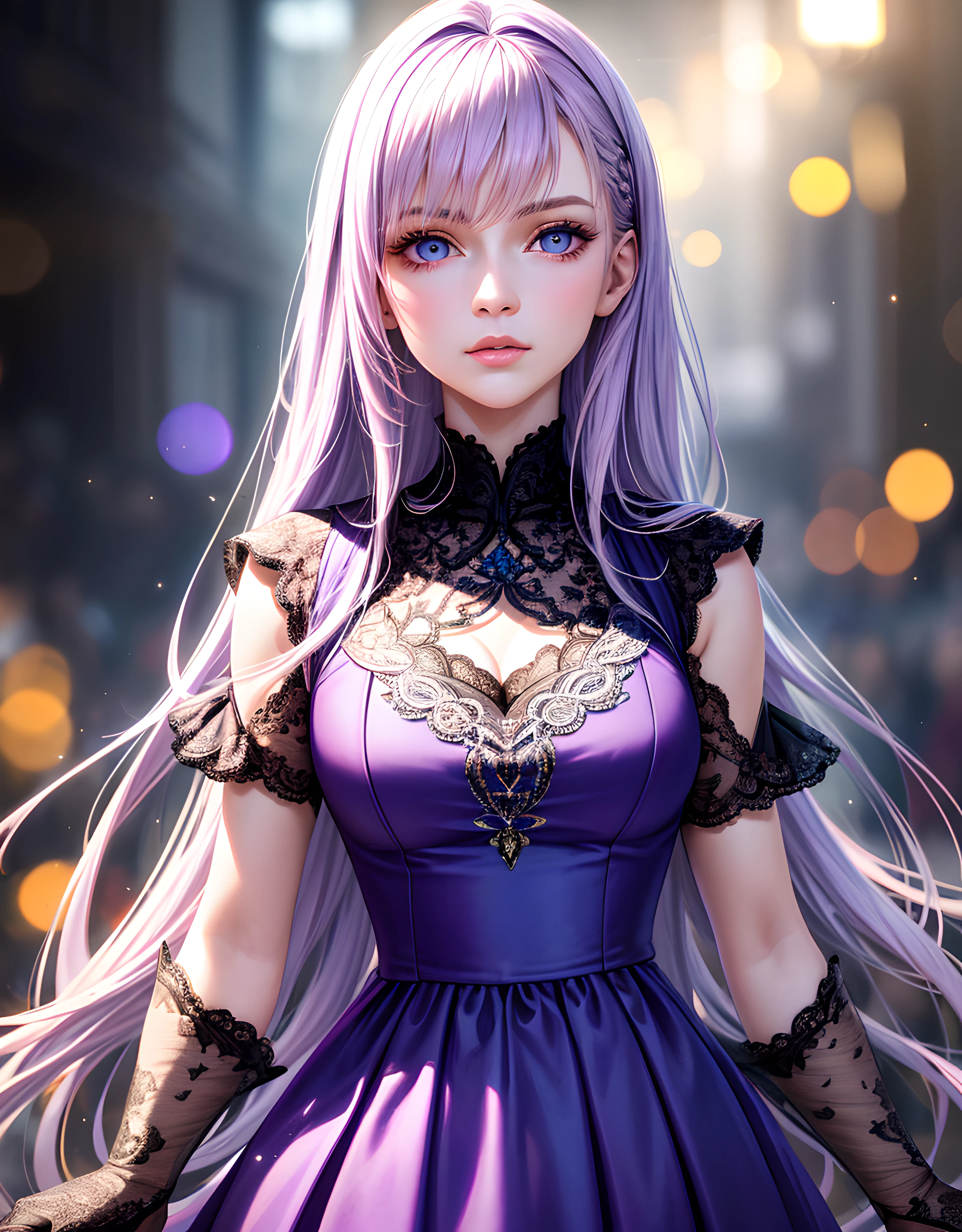 masterpiece, best quality, High quality texture, witch, a realistic representation of the face, semi-realistic, long voluminous detailed light violet hair, blue eyes, (upper body:1.3), light pretty floral bokeh, lace dress, volumetric lighting, runway fashion model