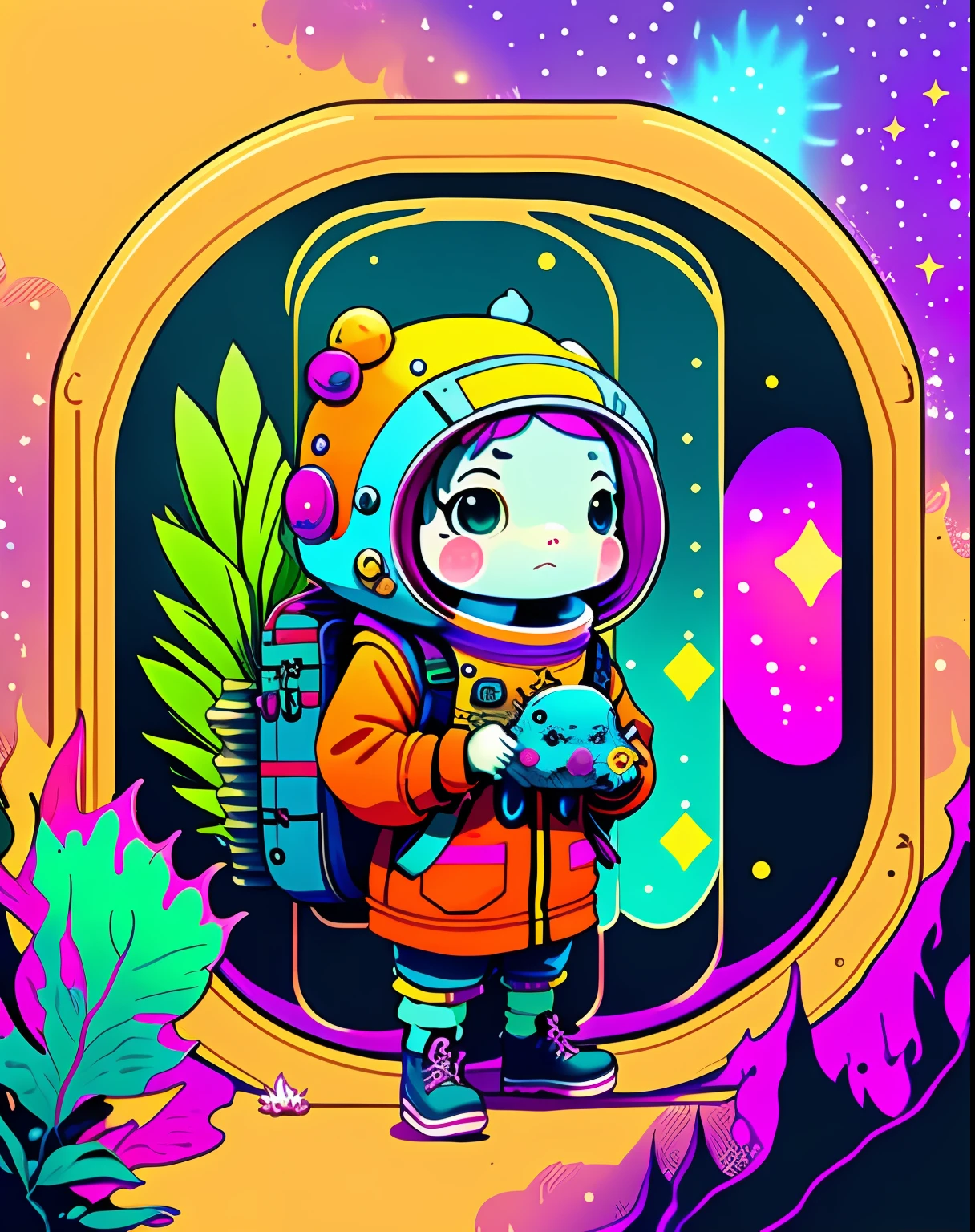 photo of  a explorer with an axolotl as a pet inside the space with a psychedelic backgroun, style of laurie greasley, studio ghibli, akira toriyama, james gilleard, genshin impact, trending pixiv fanbox, acrylic palette knife, 4k, vibrant colors, devinart, trending on artstation, low details