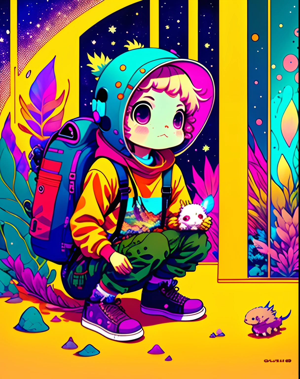 photo of  a explorer with an axolotl as a pet inside the space with a psychedelic backgroun, style of laurie greasley, studio ghibli, akira toriyama, james gilleard, genshin impact, trending pixiv fanbox, acrylic palette knife, 4k, vibrant colors, devinart, trending on artstation, low details