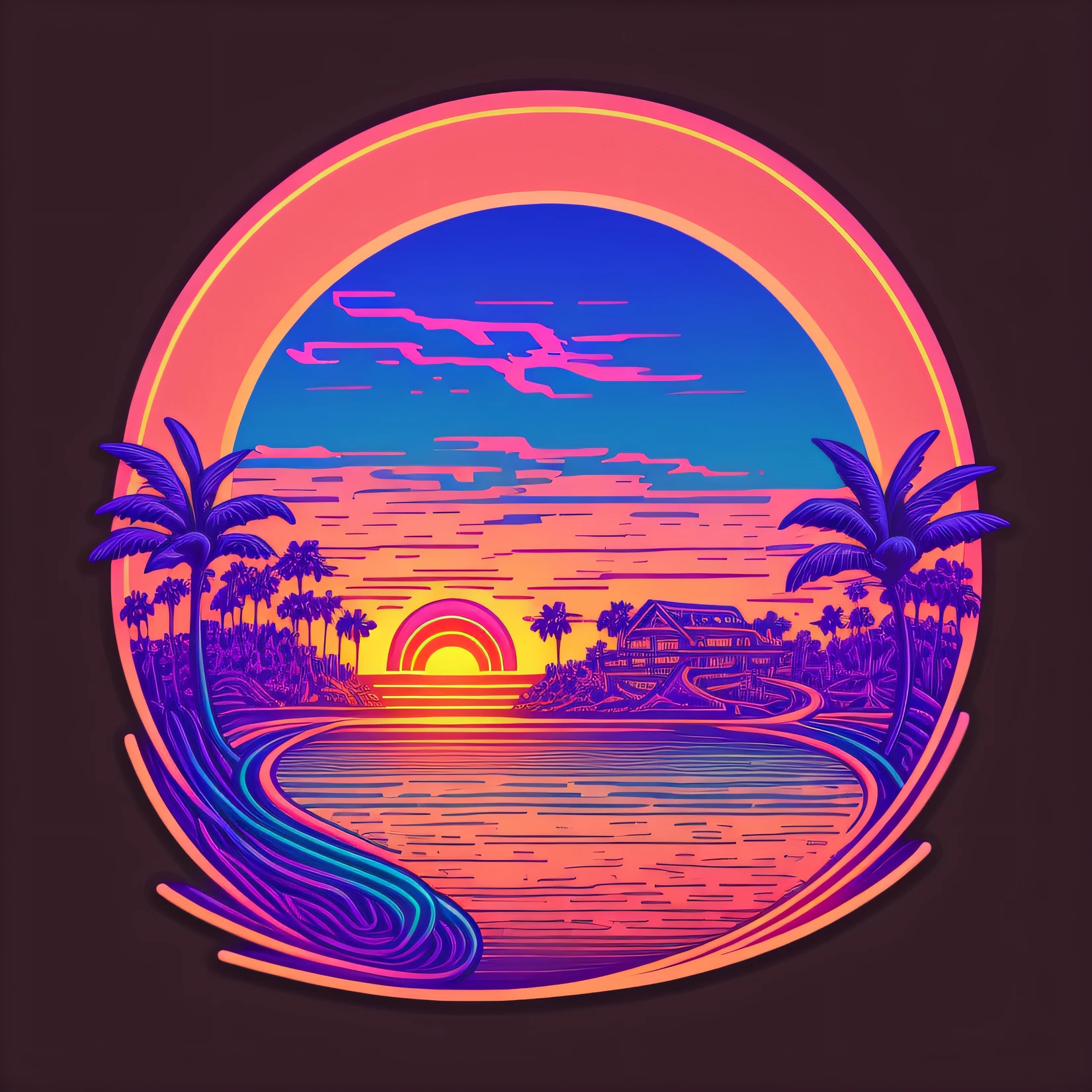 resort, inn, sunset, vaporwave style, neon style, smooth lines, vector sticker art, vector core, intricate details, black t-shirt design, 8k