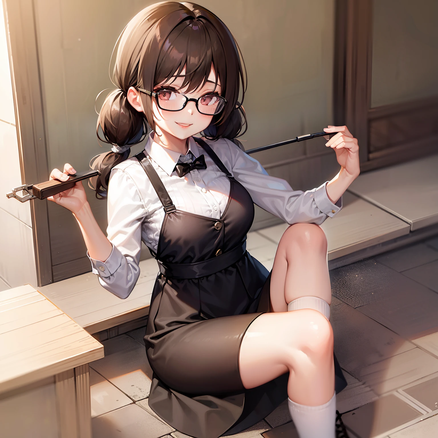 One lady、Brown hair(pigtails)、Black-rimmed glasses、a smile、Two-handed piece、White dress