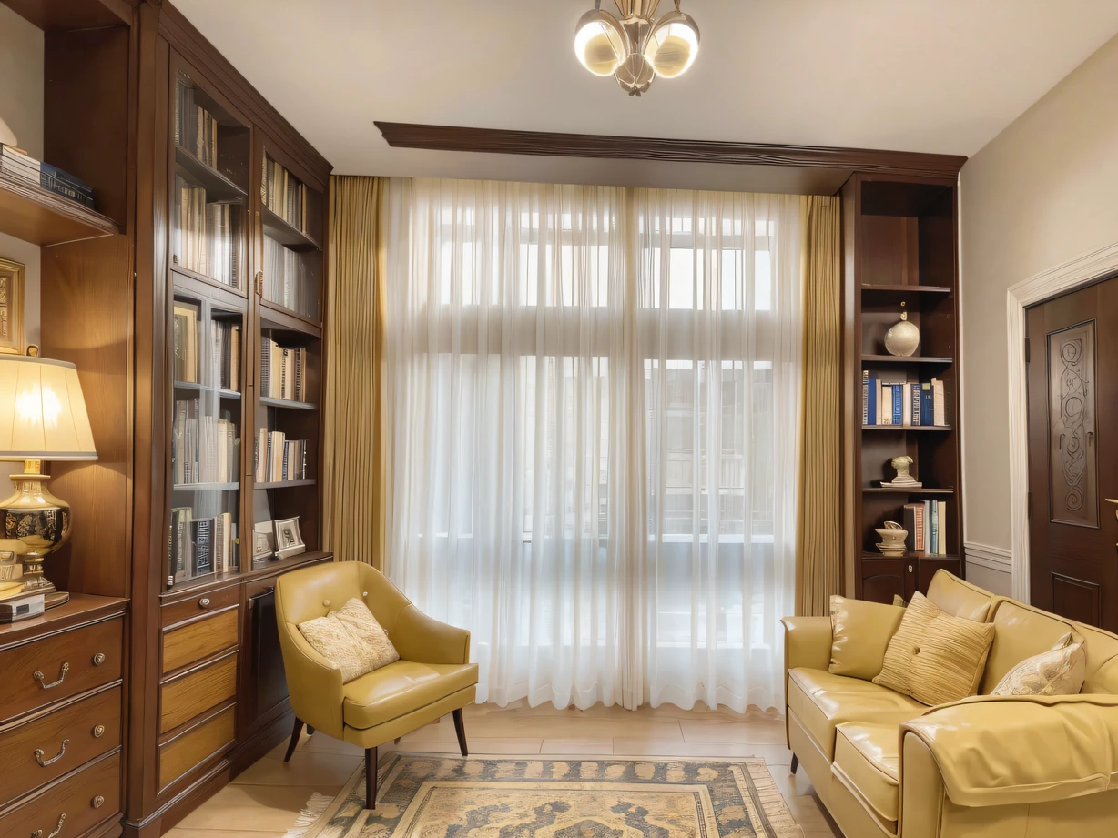 ,masterpiece, best quality,8k, ultra highres,(modernization,Simple hardcover,posh,high end),Step into this mysterious study,Warm yellow lights spill on the wallpaper,Reflecting a sophisticated and elegant atmosphere。Huge bookshelves filled with hardcover vintage books and rare books,They tell the story of history as if they had life。The wind outside the window blows softly,The sound of turning the pages of the book seemed to be whispering,It fills me with a thirst for knowledge and a to explore。