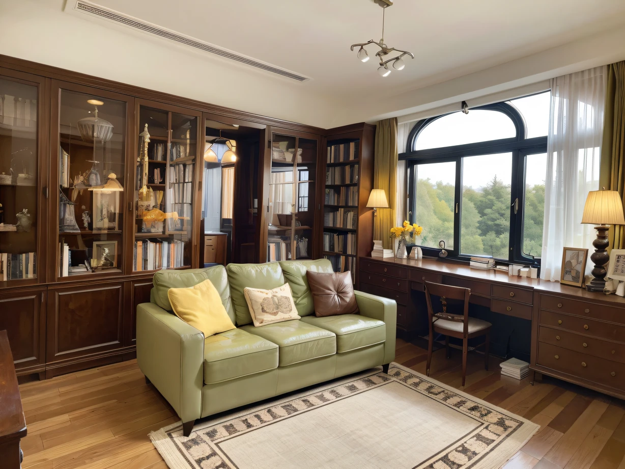 ，masterpiece, best quality，8k, ultra highres，（modernization，Mediterranean style，Simple hardcover，posh，high end），Step into this mysterious study，Warm yellow lights spill on the wallpaper，Reflecting a sophisticated and elegant atmosphere。Huge bookshelves filled with hardcover vintage books and rare books，They tell the story of history as if they had life。The wind outside the window blows softly，The sound of turning the pages of the book seemed to be whispering，It fills me with a thirst for knowledge and a desire to explore。