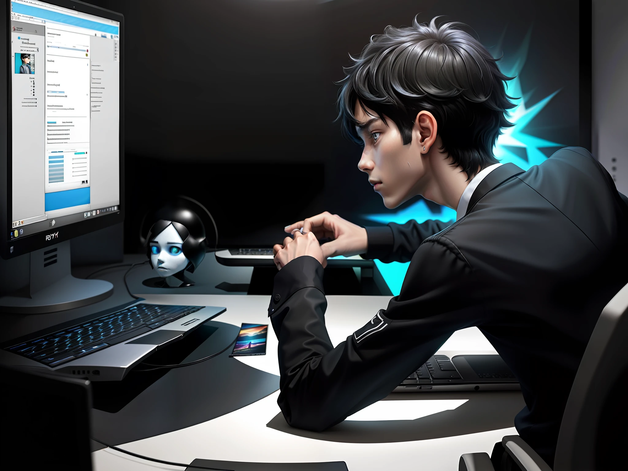 A boy teenager，Look at the computer screen，laptop，black hair, serious, Surrealism, Verism, ray tracing, depth of field, from behind, from side, 8k, super detail, textured skin, high details