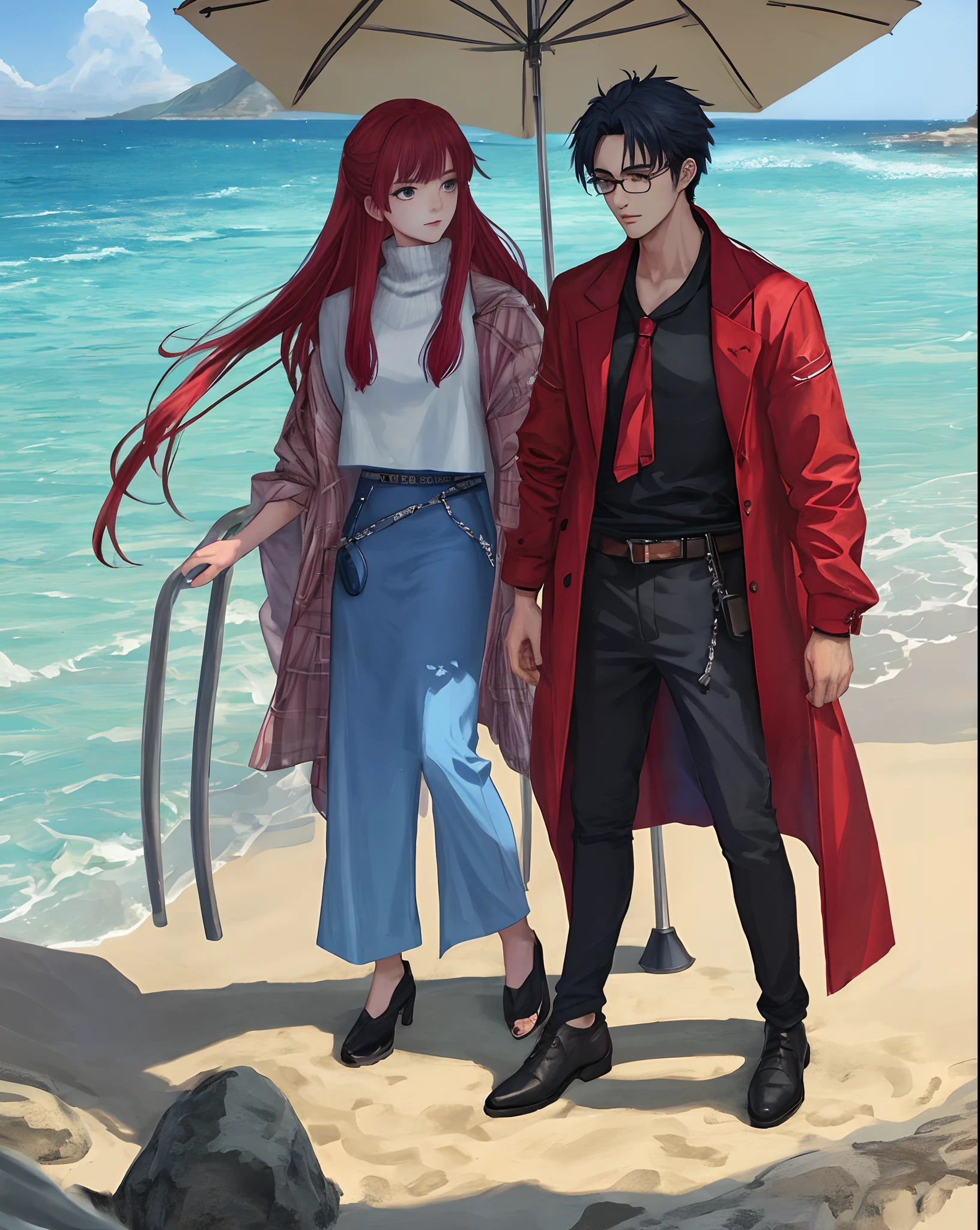Anime handsome guy on the beach wearing glasses looking at a beautiful woman coldly