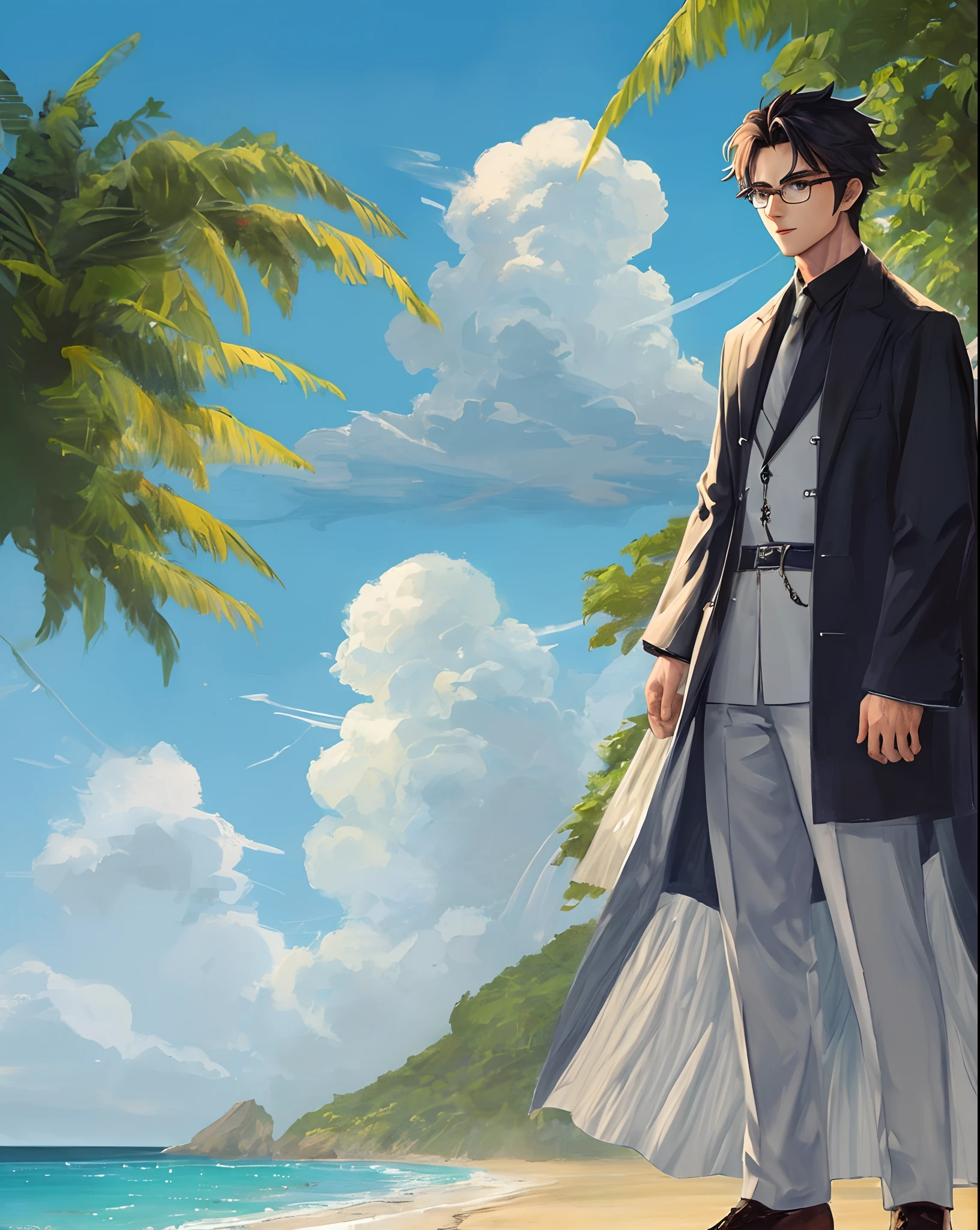Anime handsome guy on the beach wearing glasses looking at a beautiful woman coldly