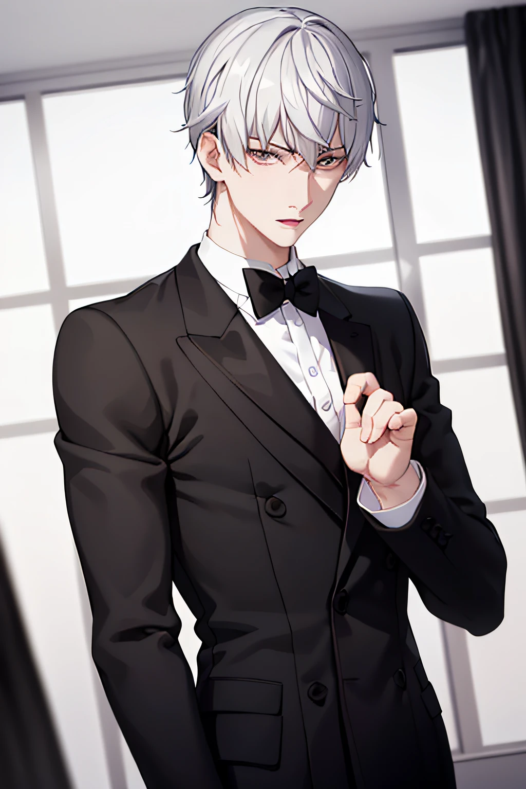 ​masterpiece, Top quality black and white illustrations, hightquality, hight resolution, Male focus beautiful boy wears tuxedo. The upper body posture is graceful and attractive, White-haired butler stares at viewers. (Features of the boy: tsukasa_eishi)