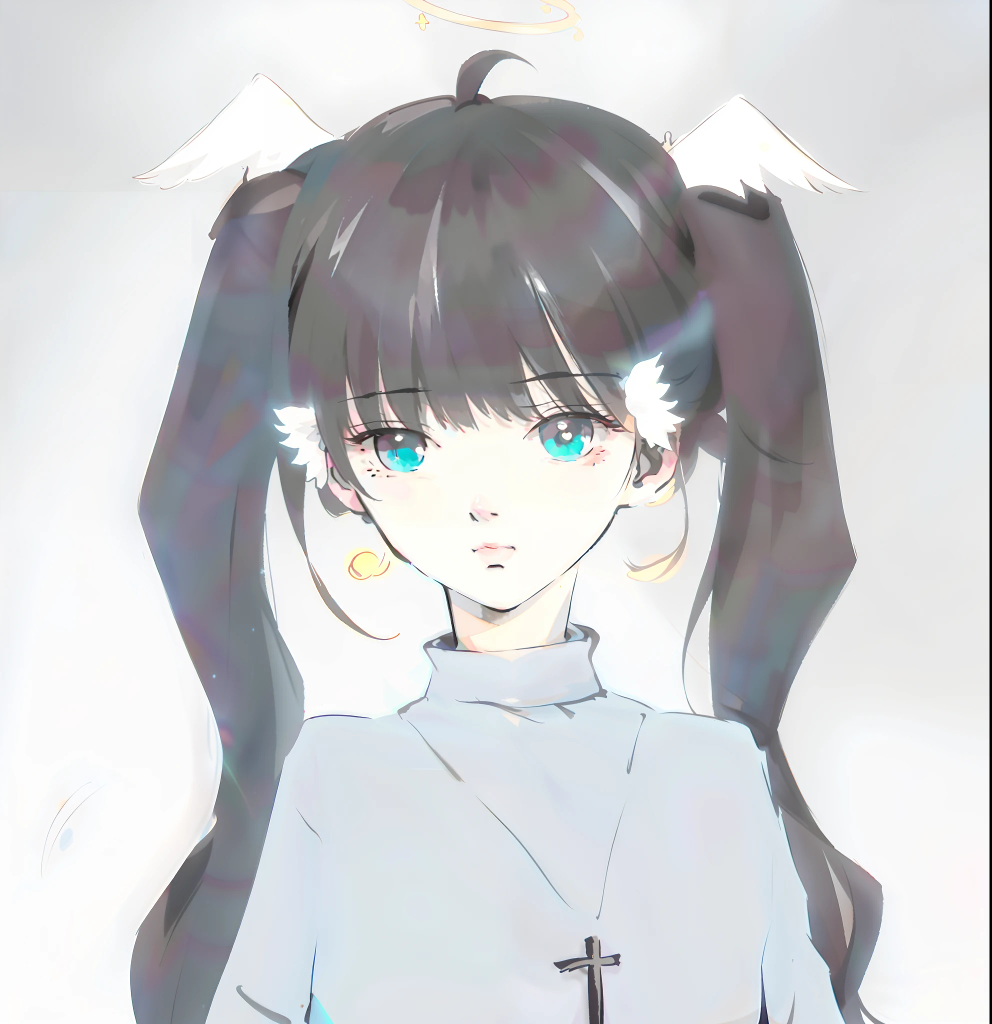 Anime girl with angel wings and cross on the head, flat anime style shading, anime moe art style, in an anime style, pale young ghost girl, Flat anime style, Soft anime illustration, subtle anime style, (Anime girl), anime art style, made with anime painter studio, An anime girl, In anime style, anime girl with cat ears，Fine，hand painted style，tabular，Beautiful character