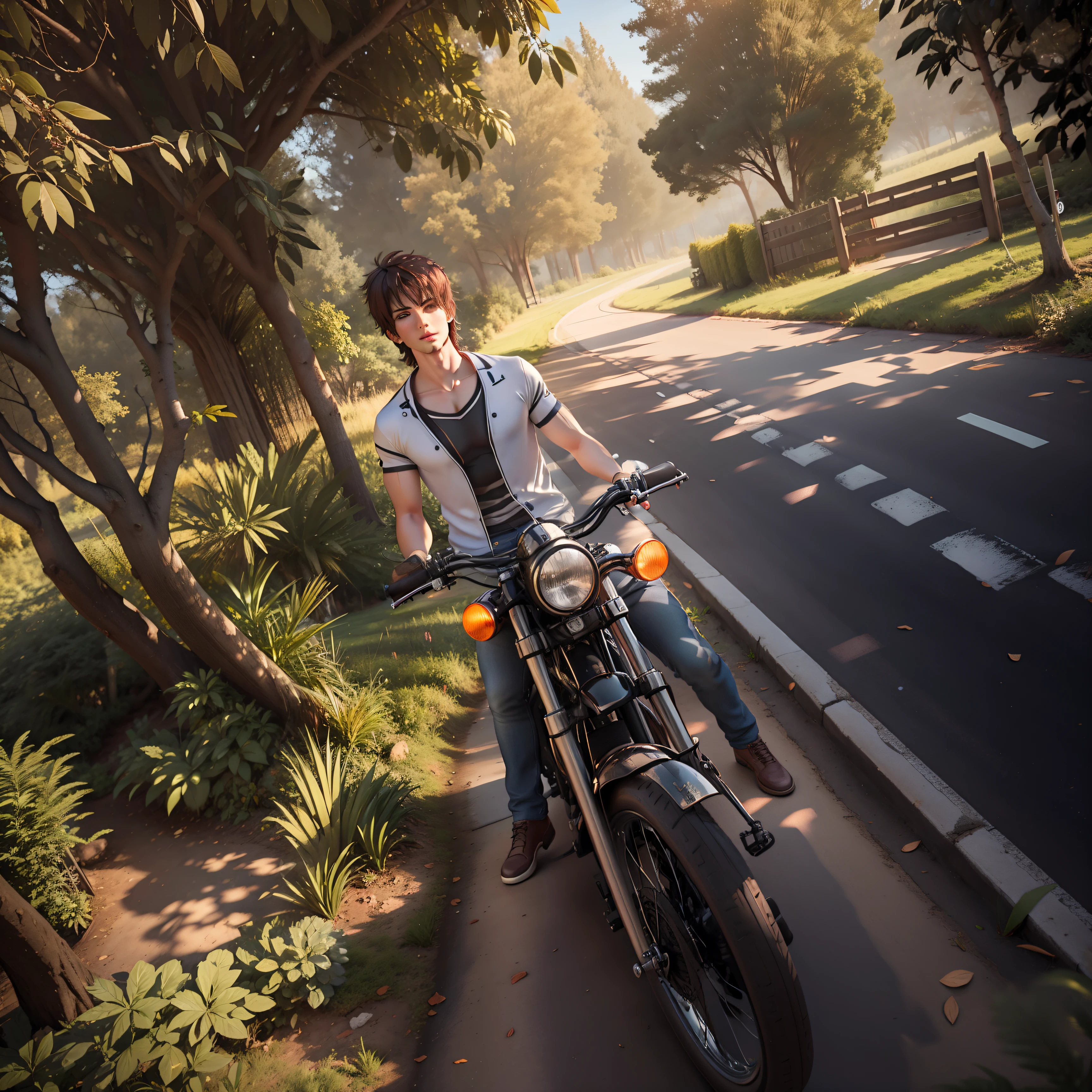 Change the background for tree and the road and Gate the cool realistic handsome boy for 8k resolution photo and the Ultra realistic and the gate cool bike for drive and the 3D realistic face