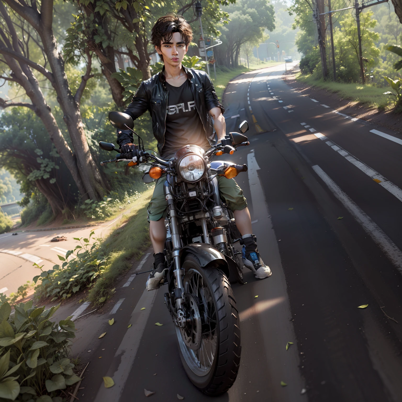 Get the remove background for highway route in behind tree and give the 3D handsome realistic boy and Ultra 3D realistic and the cool bike and the very very attitude