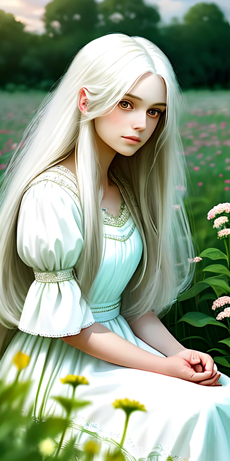 (masterpiece, best quality),1girl with long white hair sitting in a field of green plants and flowers, her hand under her chin, warm lighting, white dress, blurry foreground