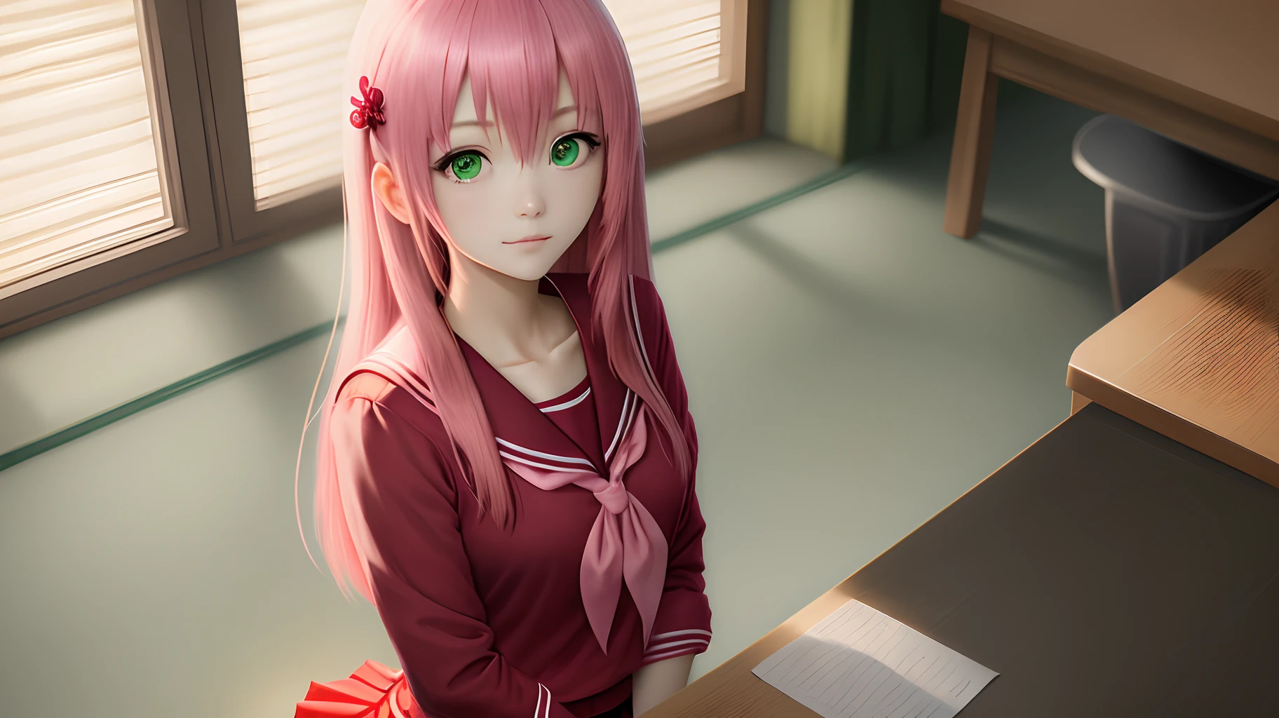 masterpiece, best quality, 1 girl, hinagiku katsura, pink hair, green eyes, very long hair, straight hair, hair between eyes, hair ornament, hakuo school uniform, sailor collar, serafuku, red shirt, pink skirt, yellow neckerchief, long ...