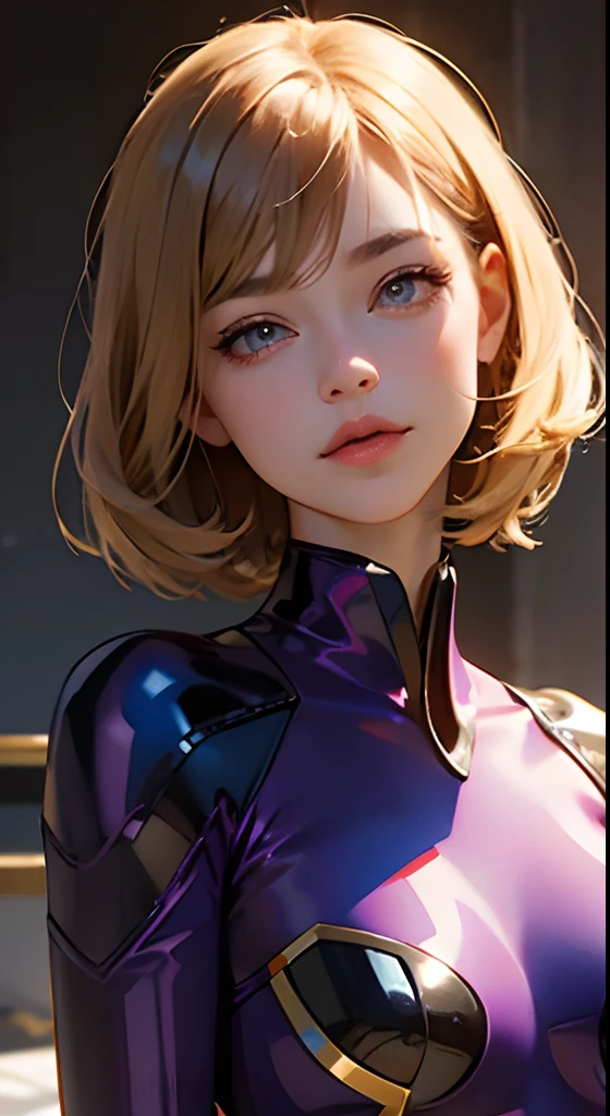 PM, (Purple Latex Suit:1), Golden Fringe Shorthair, Light brown eyes, 1girl in, 20yr old, Innocence, (Photorealsitic), (masterpiece, :1.3),(top-quality:1.4), (超A high resolution:1.2), 超A high resolution, (A detailed eye), (detailed facial features), nffsw, 8K分辨率, (lensflare:0.7),Colossal tits