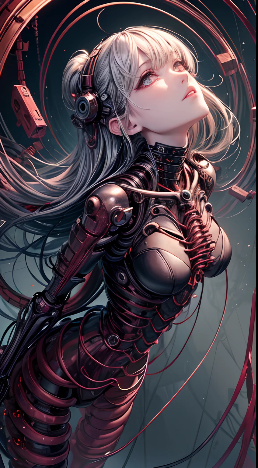 (((Masterpiece))), ((Best Quality)), (Super Detail), (CG Illustration), (Very Evil and Beautiful)), Cinematic Light, ((1 Mechanical Girl)), Single, (Mechanical Art: 1.4), ((Mechanical limb)), (Blood vessel attached to a tube), ((Mechanical spine attached to the back)), ((Mechanical cervical vertebrae attached to the neck), (Back to the viewer)), expressionless, ( Wires and cables attached to the head and body: 1.5), Science Fiction, Apocalypse, Ruins, (Lower Body Integrated with Mechanical Devices), (Blood: 1.5), Cruelty, Absurdity, Eroticism, Fusion with Machines, Doomsday Time, Super Future, Inorganic, Laboratory, Restraint, (Beautiful Indulgence: 1.2), (1 Girl: 1.3), Body Wrapped Around Mechanical Tentacles