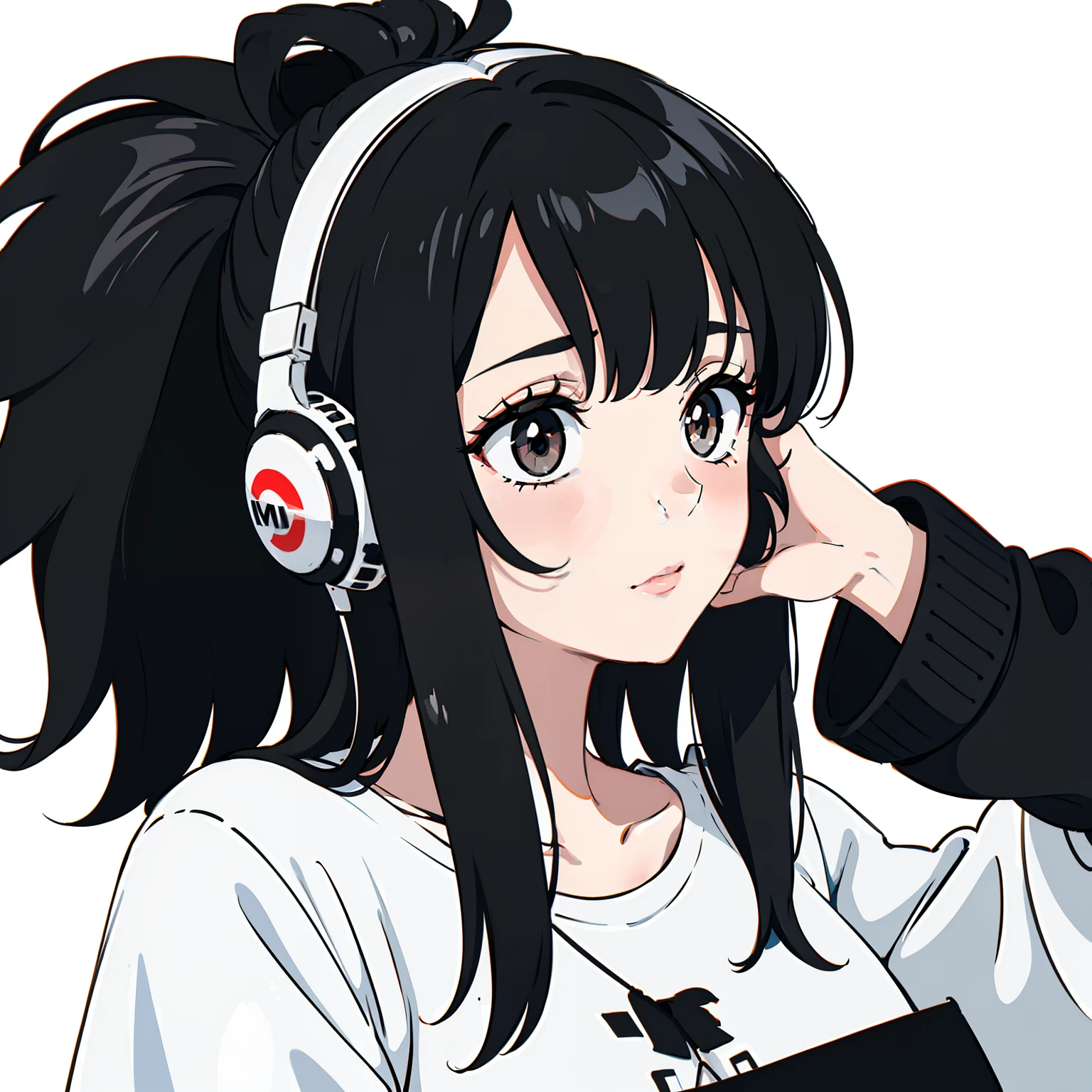 Nonchalant expression, black and white, disheveled fringe, medium messy hair, alluring look, black and white,Black and white painting,White background,Side Face,Over-ear headphones, large ear cups,relaxed browsEyes closed peacefully,Hand resting on head, fingers touching hair