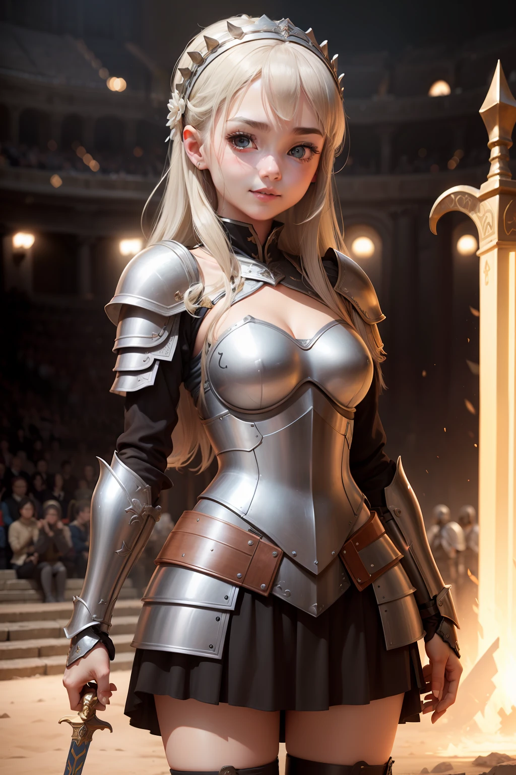 Girl in armor of the ancient Roman Empire、Cute face、ssmile、3CG Animation、Sword in both hands、Stand in the arena、