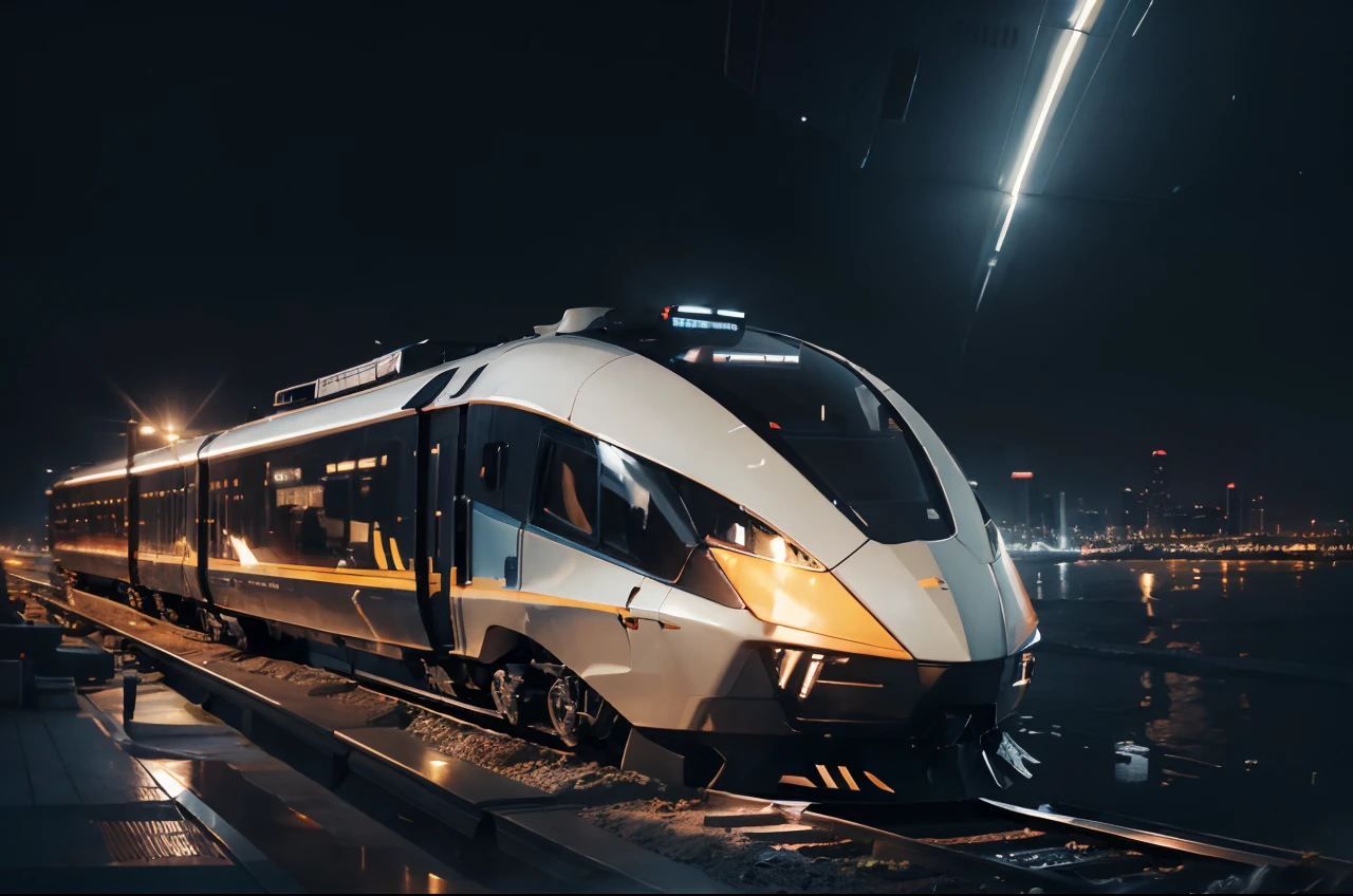 Speed line effect:1.5， Capture the future network era of high-speed rail，Train，The train of the future，orbiting，Extraordinary and highly detailed railroad track artwork。The bullet train has a stylish and futuristic design，Mecha wind train，super mecha，Ultra-complex armor，Metal finish，Displays complex lines，And decorated with vibrant neon lights。The wheels emit attractive blue electric lights，Added dynamic energy of the scene:1.5。The train seems to speed through the cityscape at night:1.5，Buildings and skyscrapers are illuminated by dazzling lights。This high-definition masterpiece is reminiscent of Sid Mead，The best works of art by visionary artists like Daniel Simon and Scott Robertson，（（（best qualtiy））），（（（ultra - detailed））），（（（tmasterpiece））），Wallpapers