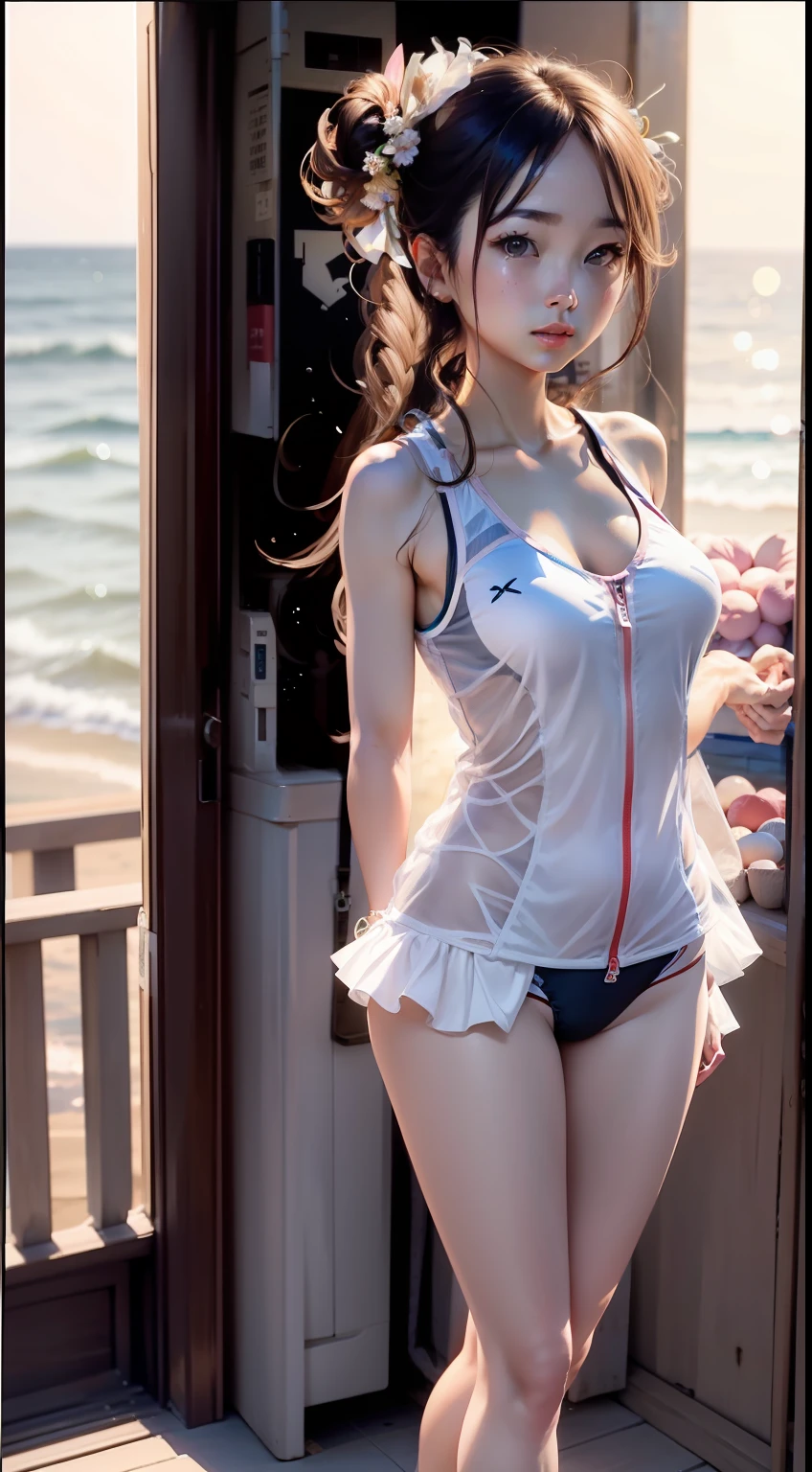 swim wears,Vest line。beachside。HD long legs