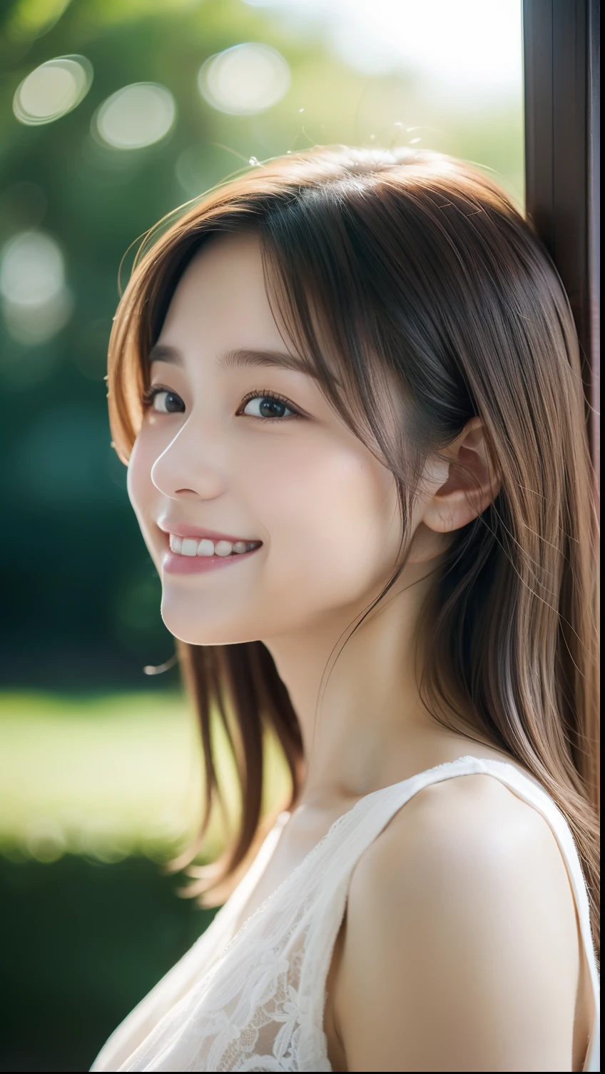 8K,ultra best quality、masterpiece:1.3)、realisitic、Photorealsitic:1.37)、ultra-detailliert、top-quality、超A high resolution、Ultra-high image quality,8,0 million pixels,Shallow depth of field,Focusing,Sun'rays,Good composition,(Bokeh:1.2),((1人)),((full body Esbian)),二重まぶた,a Pretty Japanese woman,((15yudent)),Beautiful long straight hair,beutiful breast,Delicate and beautiful realistic skin texture,(Realistic ),((Lifelike face)),((Complete body))((Realistic genitals)),((Realistic pubic hair)),Early morning valley,Beautiful profile closeup in morning light,,depth of fields:Very shallow focus to the pupil Beautiful, Soft and elegant depiction Smile a little at the viewer The wind blows and the hair shakes Refreshing and pure atmosphere The girl is 15 yearmmer light is beautiful Very elegant and neat Trending fashion that looks good in the summer of Japan Hairstyle like an Japan idol Close-ups of the face and depth of field are very shallow More face close-ups Girl in profile looking up at the sky and smiling Very shallow depth of field Refreshing 16-year-old smile ,8 Head Body,There is a white lace curtain in the background Very shallow depth of field。Super close-up of pupil with macro lens