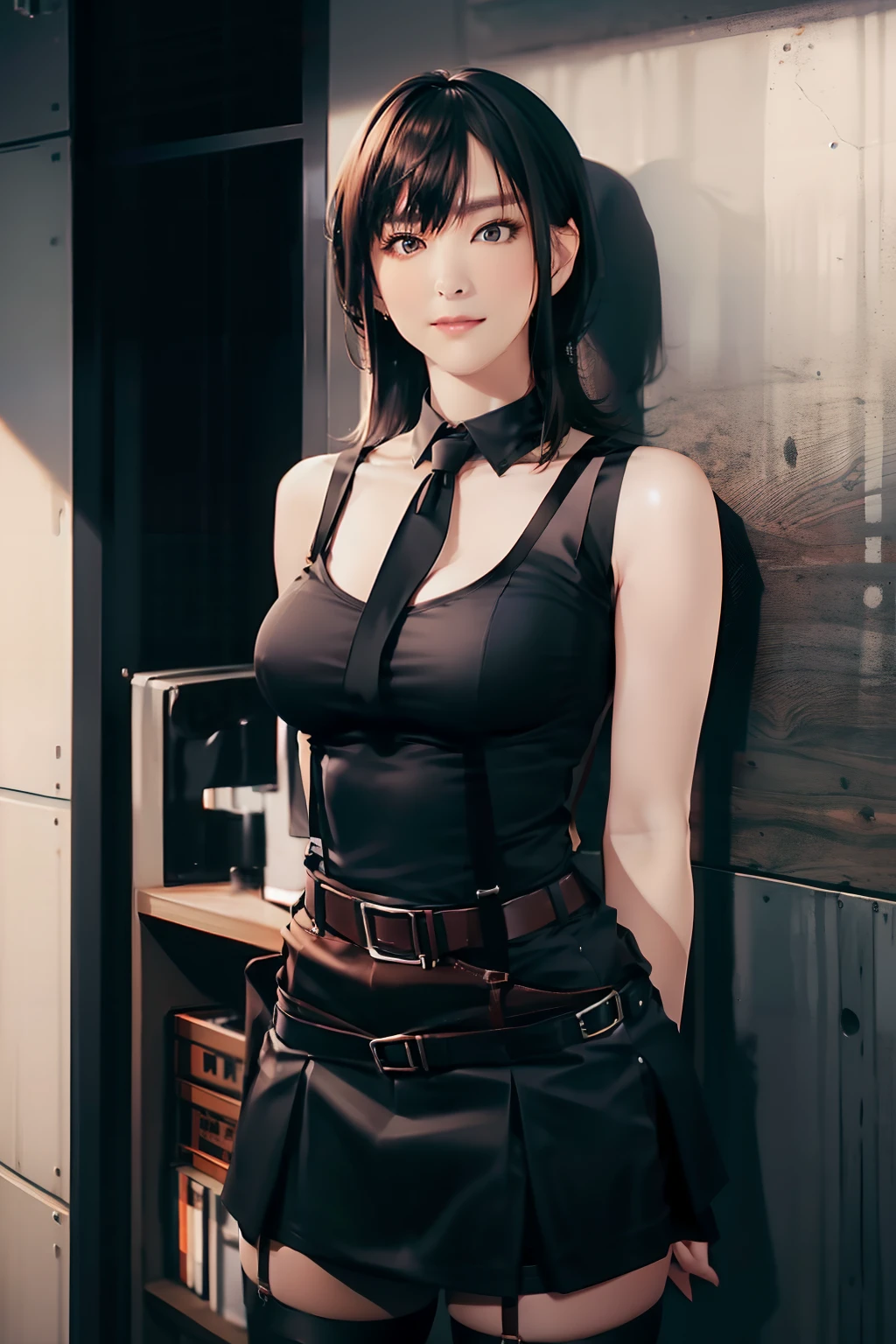 a belt　　　　　suspenders　　Black miniskirt　neck tie　Black tank top　　　　Black stockings　　　　Brown hair　short-hair　Gray eyes　　holster　bobby　Garter belt on the legs 　　Serious face　piece　large full breasts　　Fold your hands behind your back　hason