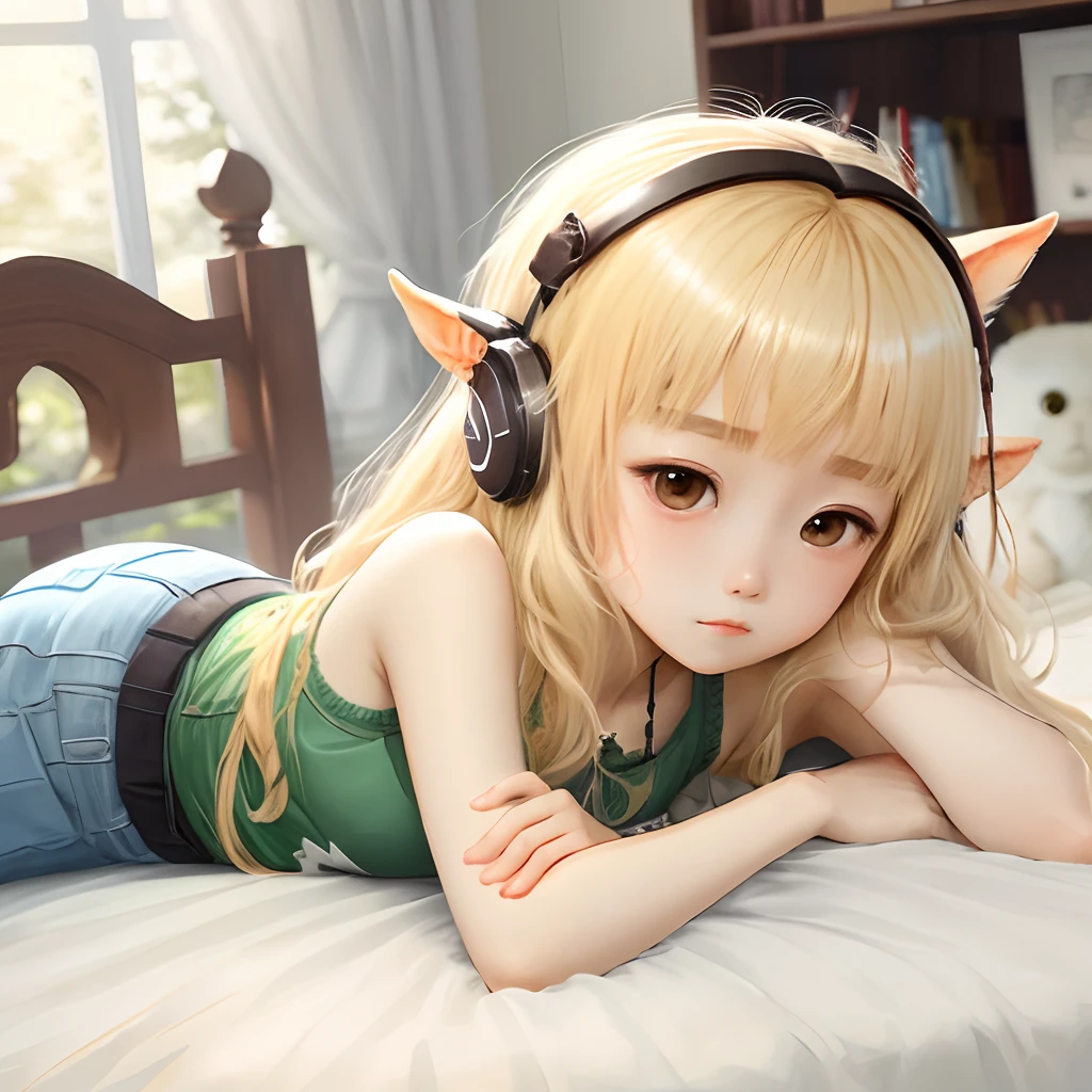 quadratic element、Blonde beast-eared 、Lying in bed、bare-legged、Shy