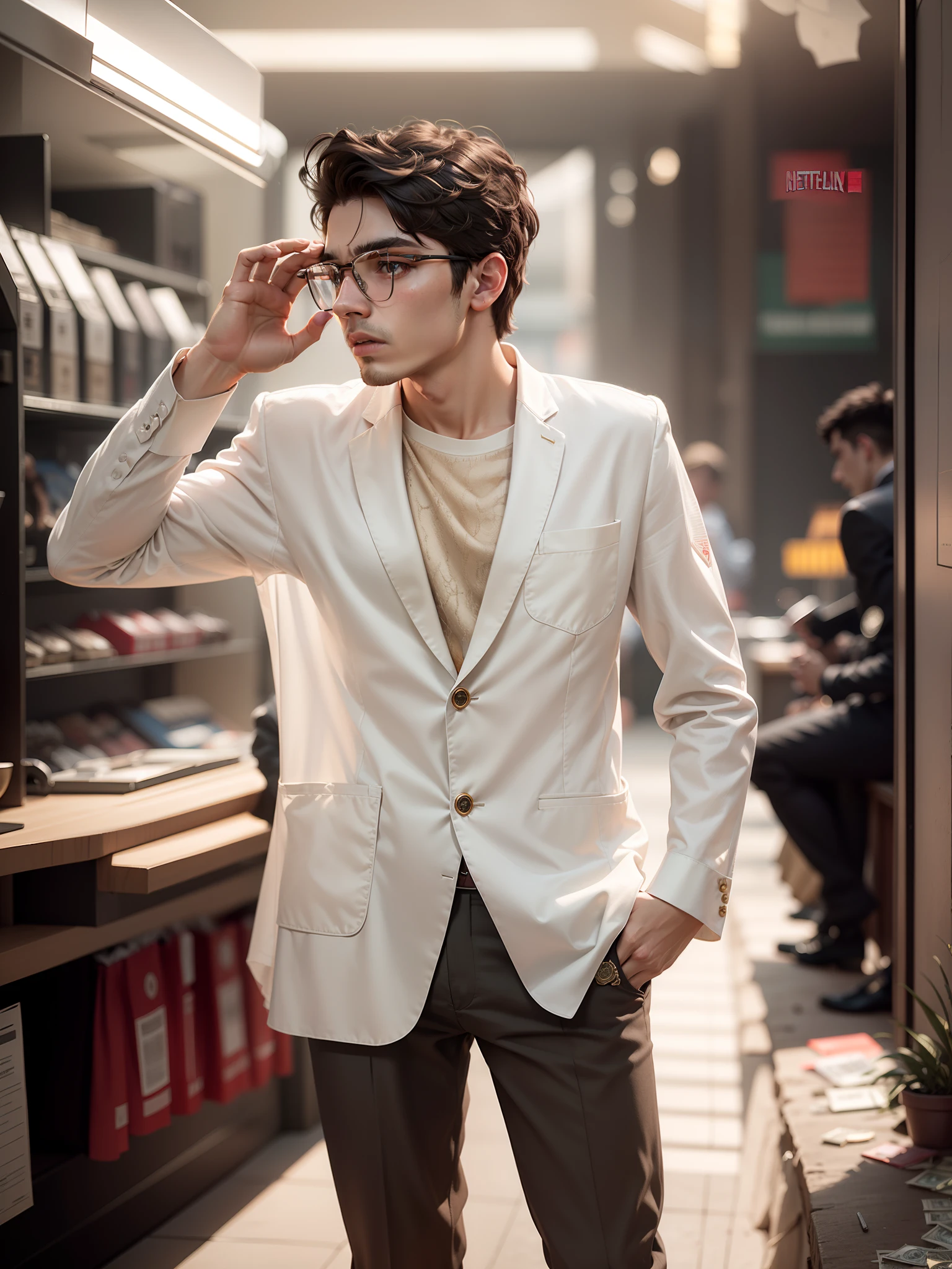 Boy become a Money heist netflix series, Boy stand on front of Bank, dressing inspired by Professor from money heist, Netflix Series, red robbers dress inspired by money heist, Realistic, enhance and detailed, 4k