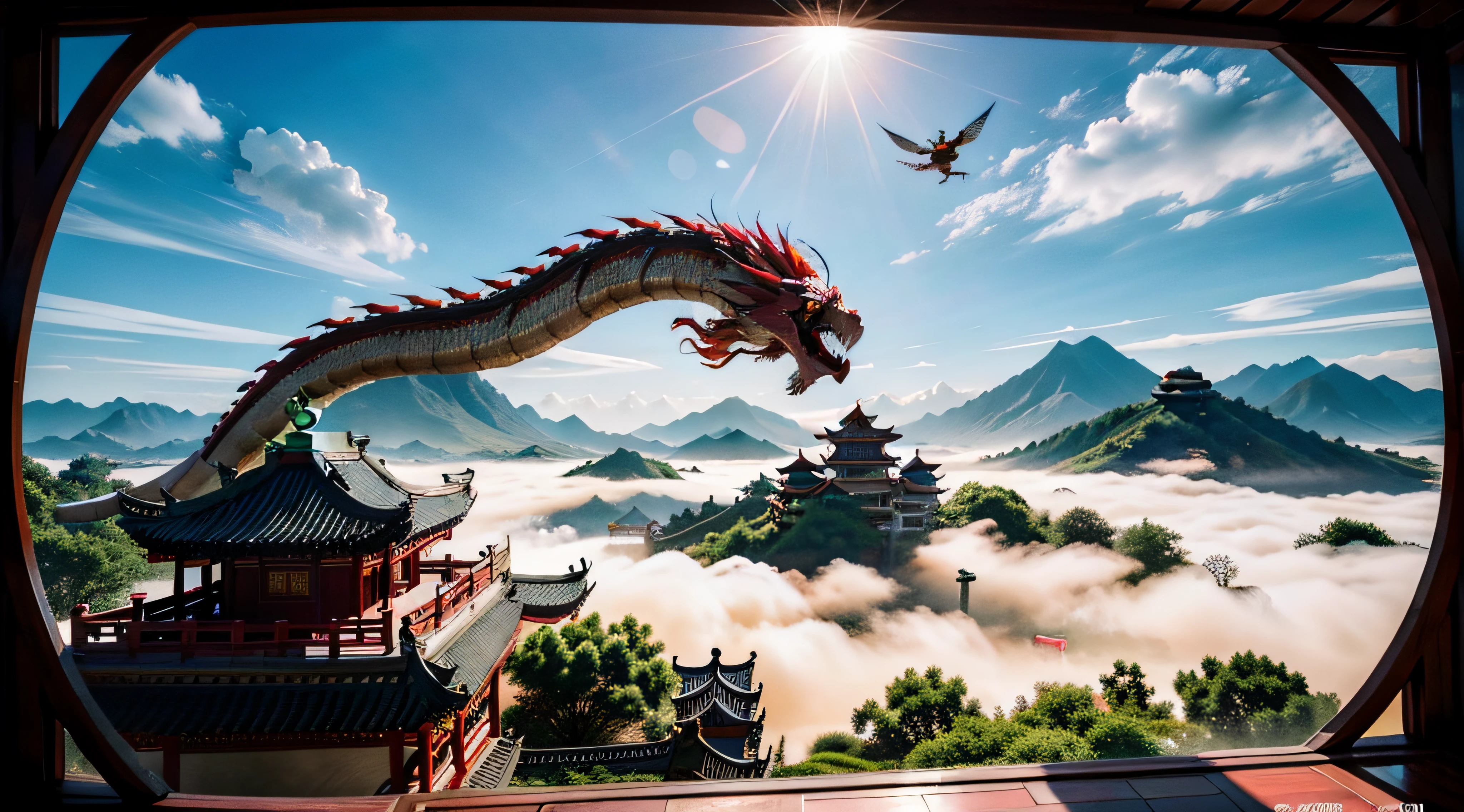 chinesedragon,Fly in the sky,magnifica,Spectacular,Wallpapers,chinese traditional architecture,In the clouds,hyper HD,Felt,Sense of oppression,Great Chinese city,A sense of confrontation,Cinematic light,Epic scenes,Red dragon