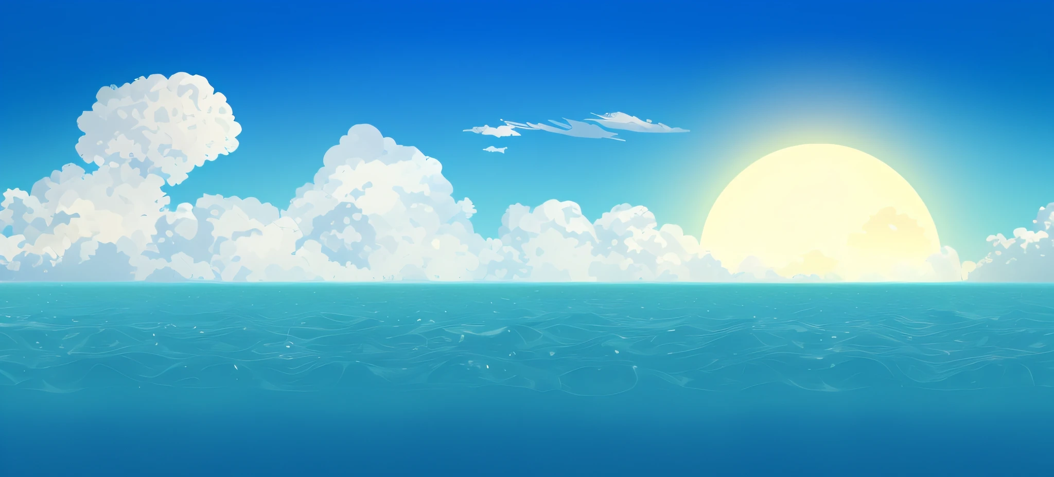 Big sunset with clouds on the ocean, sky and ocean background, Sea backgroun, Sunny day background, arte de fundo, Clearer ripples at sea,Detailed sea surface texture,ocean background setting, Island background, background artwork, the ocean in the background, Detailed scenery —width 672, Sea background, beautifull puffy clouds. anime big breast, 2 D game art background, bright sunny summer day, breezy background