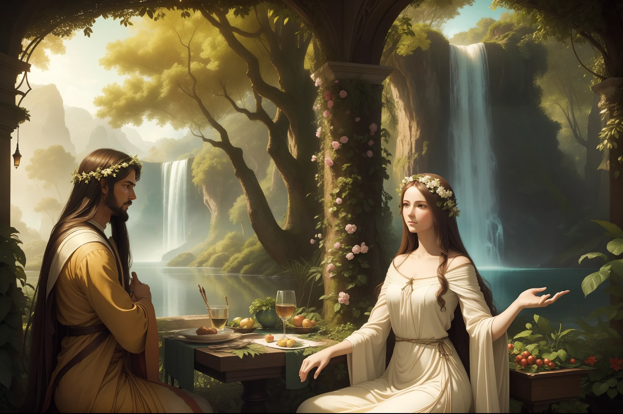 Create a realistic visual composition that shows Adam and Eve surrounded by lush vegetation and peaceful creatures. Use warm and soft colors to convey the serenity of paradise. Experiment with lighting to highlight the beauty of the garden they are in. Apply selective focusing techniques to make Adam and Eve the focal point of the image. Use low angles to give Adam and Eve a sense of grandeur in their surroundings. Infuse the image with a calm and harmonious atmosphere that reflects the relationship between Adam and Eve. Inspirado en el realismo de artistas como Leonardo da Vinci, Aim to capture every detail accurately. Combine AI imaging technology with classic painting techniques for a unique style. Generate an image that resembles a snapshot of a paradise world, Lograr un alto nivel de realismo.