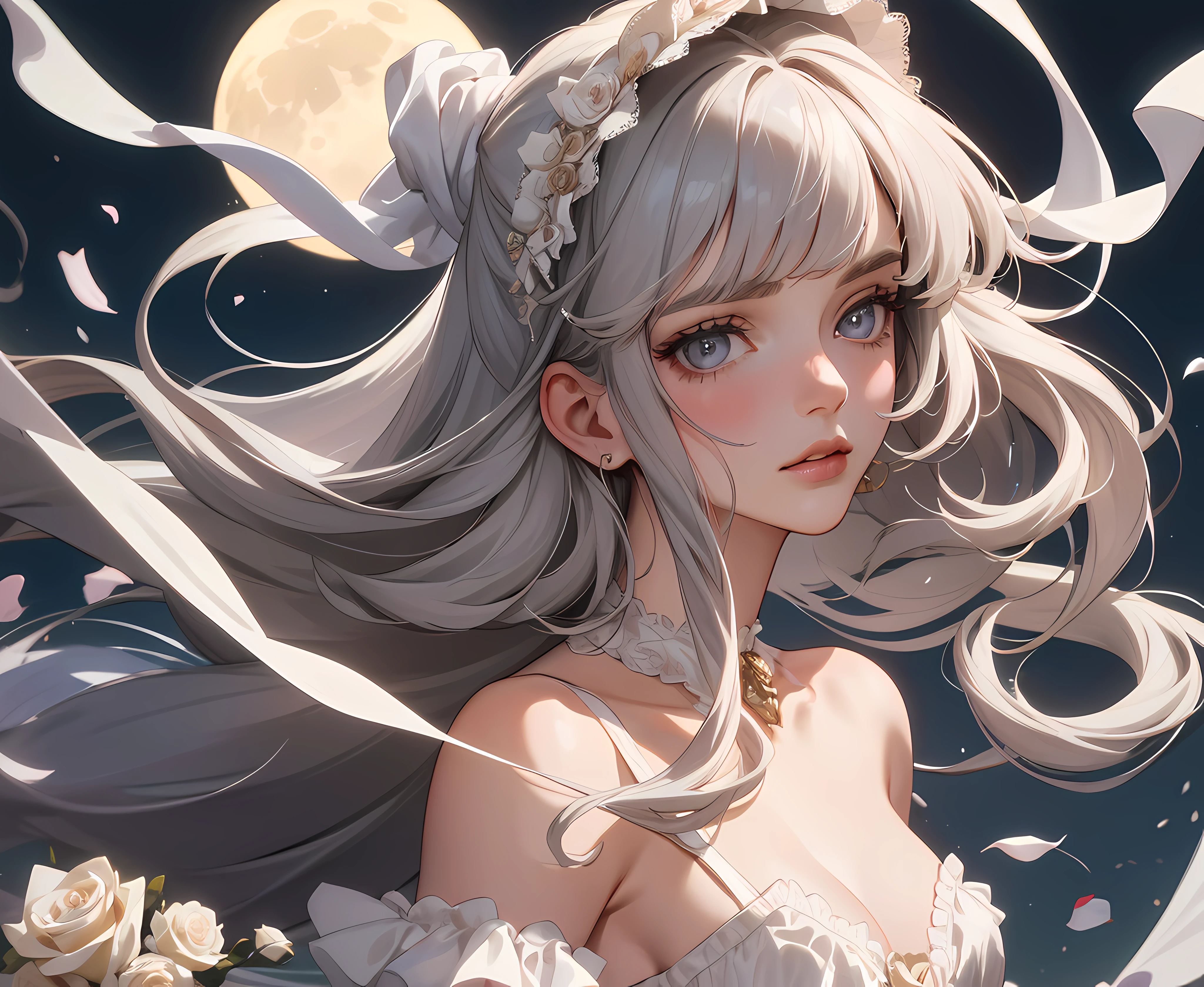 8K, masterpiece, best quality, night, full moon, 1 girl, Victorian style, French architecture, mature woman, ivory white long haired woman, long hair,gloss lips, calm, rational, bangs, gray pupils, wearing a rose on the head, roses background, petal dancing, delicate face, delicate hands, close up