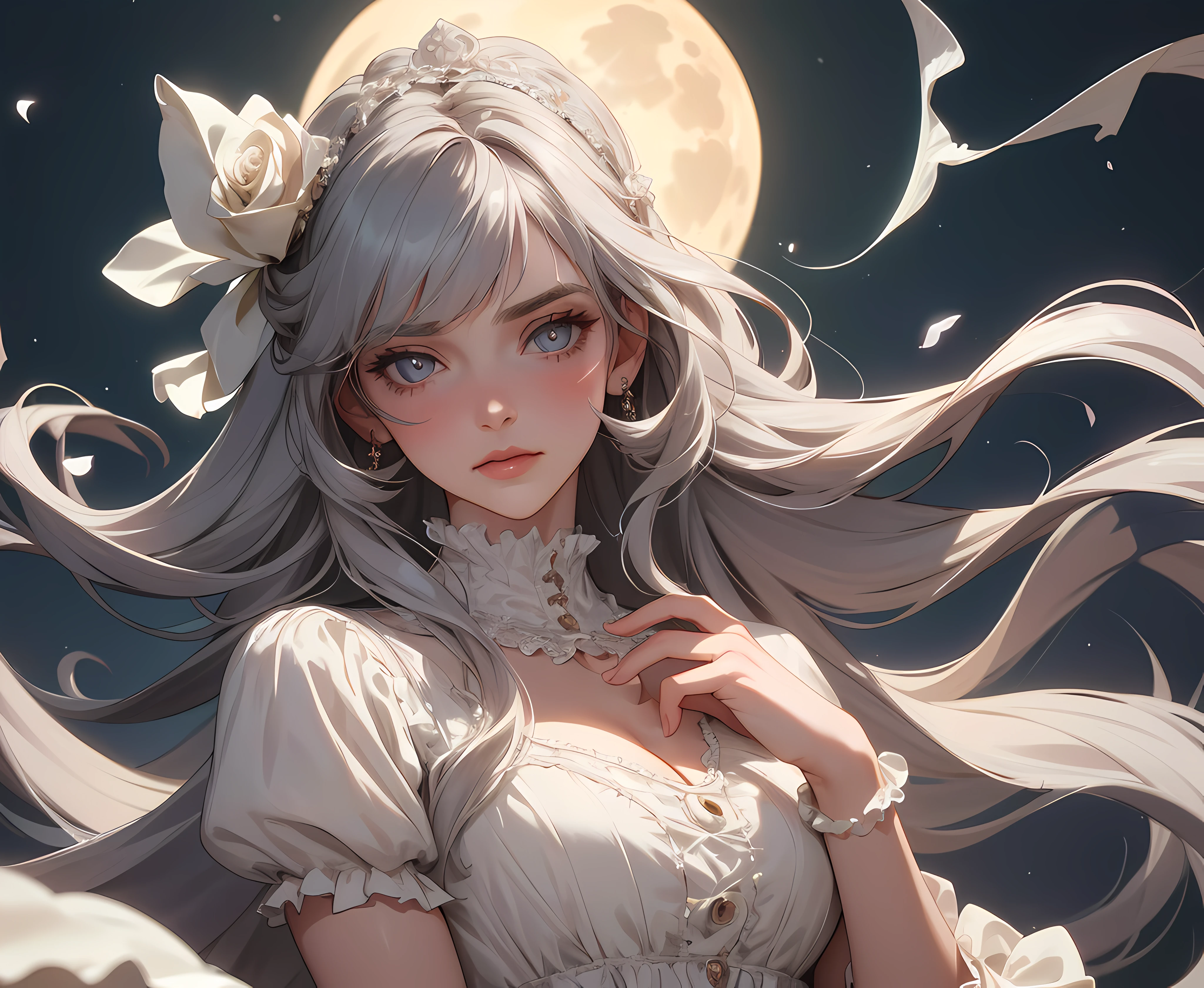 8K, masterpiece, best quality, night, full moon, 1 girl, Victorian style, French architecture, mature woman, ivory white long haired woman, long hair,gloss lips, calm, rational, bangs, gray pupils, wearing a rose on the head, roses background, petal dancing, delicate face, delicate hands, close up