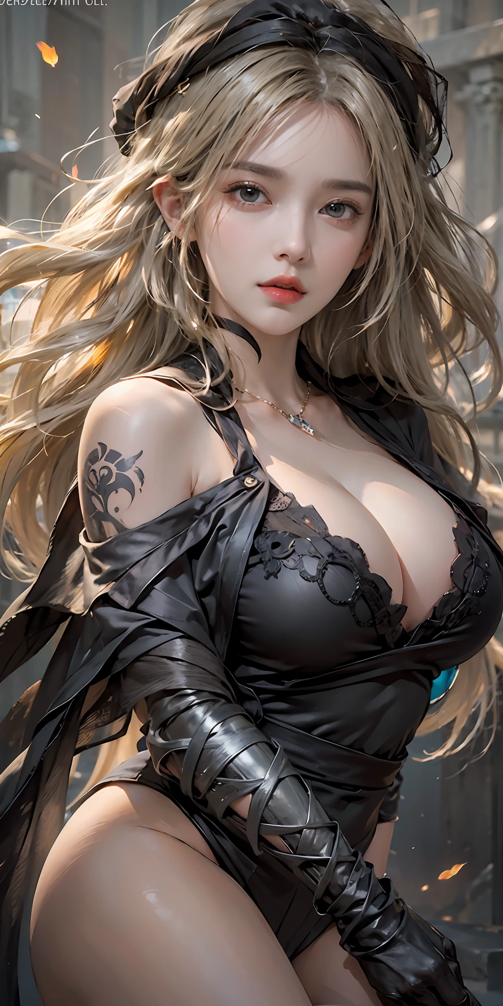 photorealistic, high resolution, soft light,1women, solo, hips up, look at viewer, (detailed face), long hair, blonde hair, bright eyes, blindfirekeeper, medium breasts, curvy, black dress, black capelet, bandaged arm, tattoo, jewelry