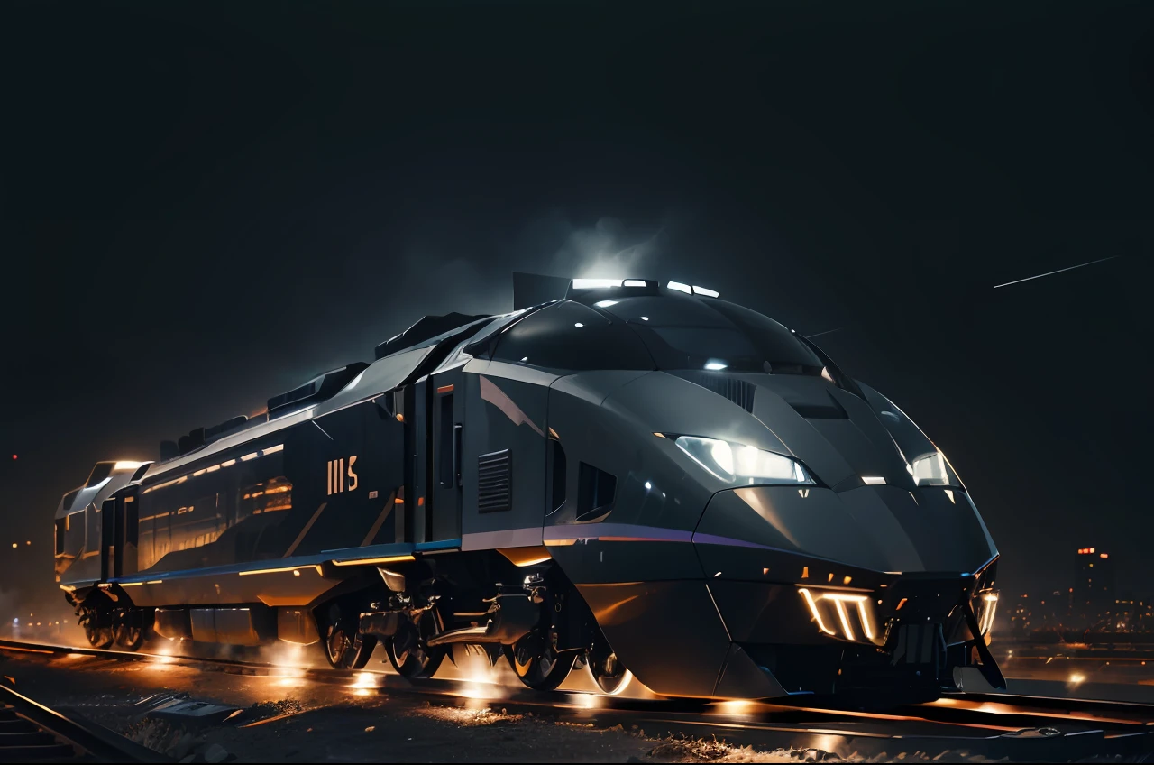 Speed line effect:1.5, Super tank,locomotive,Capture the future network era of high-speed rail,Train,The train of the future,orbiting,Extraordinary and highly detailed railroad track artwork。The bullet train has a stylish and futuristic design,Mecha windmill,super mecha,Ultra-complex armor,Metal finish,Displays complex lines,And decorated with vibrant neon lights。The wheels emit attractive blue electric lights,Added dynamic energy of the scene:1.5。The train seems to speed through the cityscape at night:1.5,Buildings and skyscrapers are illuminated by dazzling lights。This high-definition masterpiece is reminiscent of Sid Mead,The best works of art by visionary artists like Daniel Simon and Scott Robertson,(((best qualtiy))),(((ultra - detailed))),(((tmasterpiece))),Wallpapers