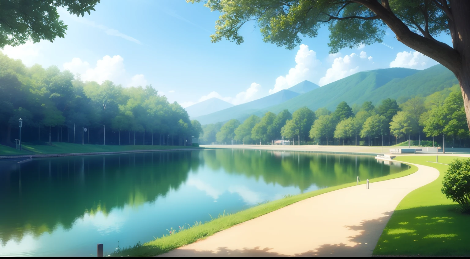 Park with a lake in anime style